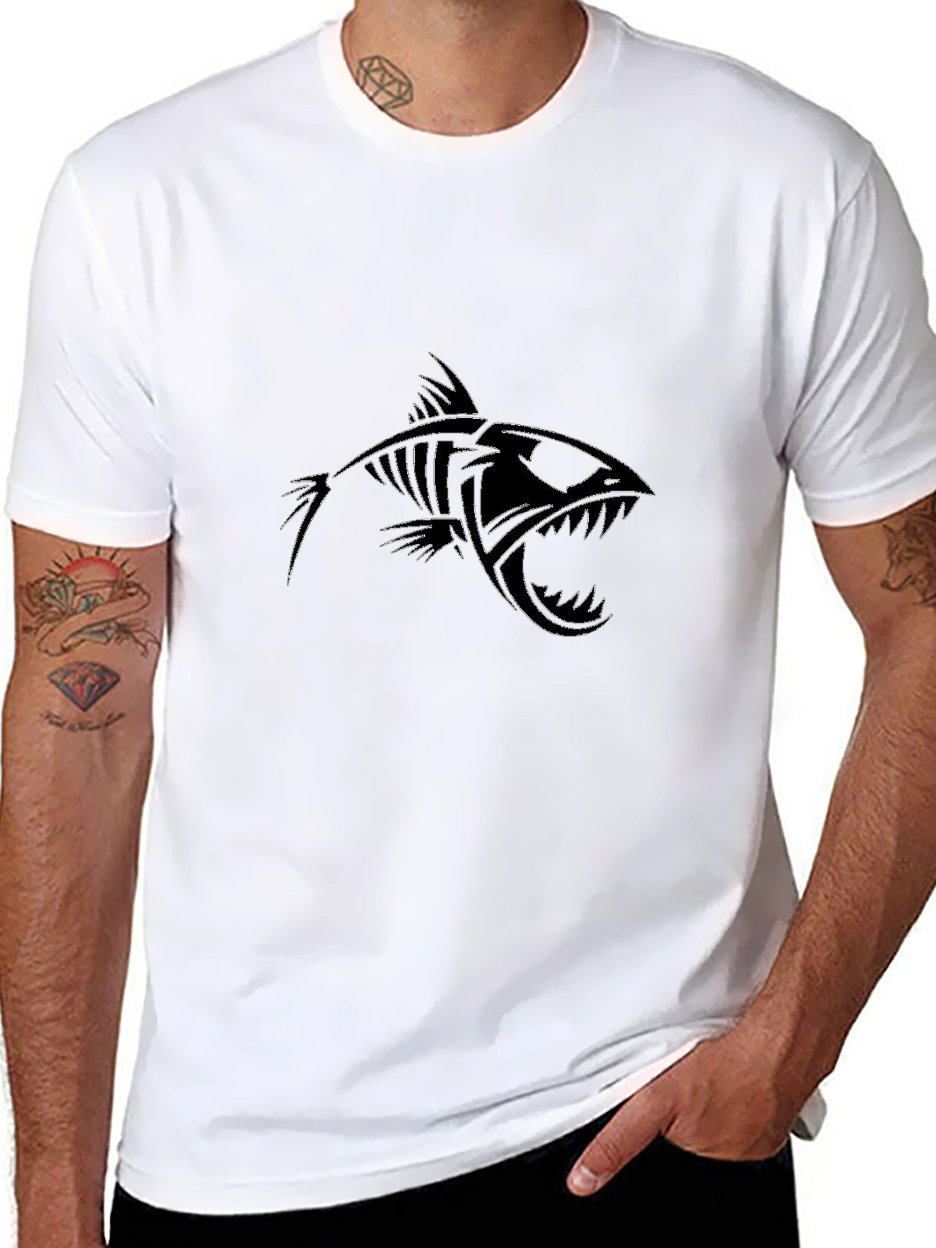 Mens Black Fish Skeleton Graphic Tee
