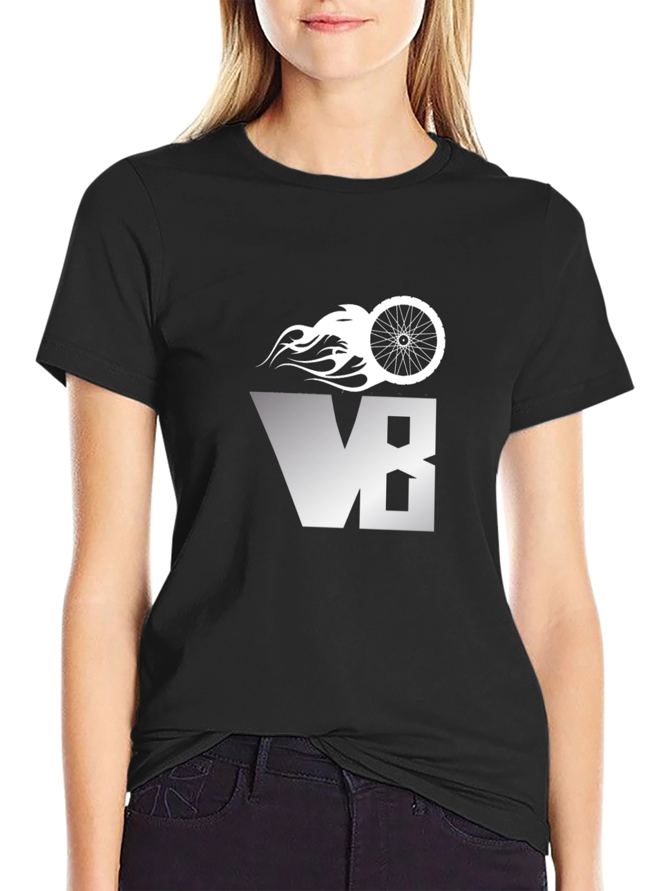 Mens Black V8 Bike Wheel Graphic T-Shirt