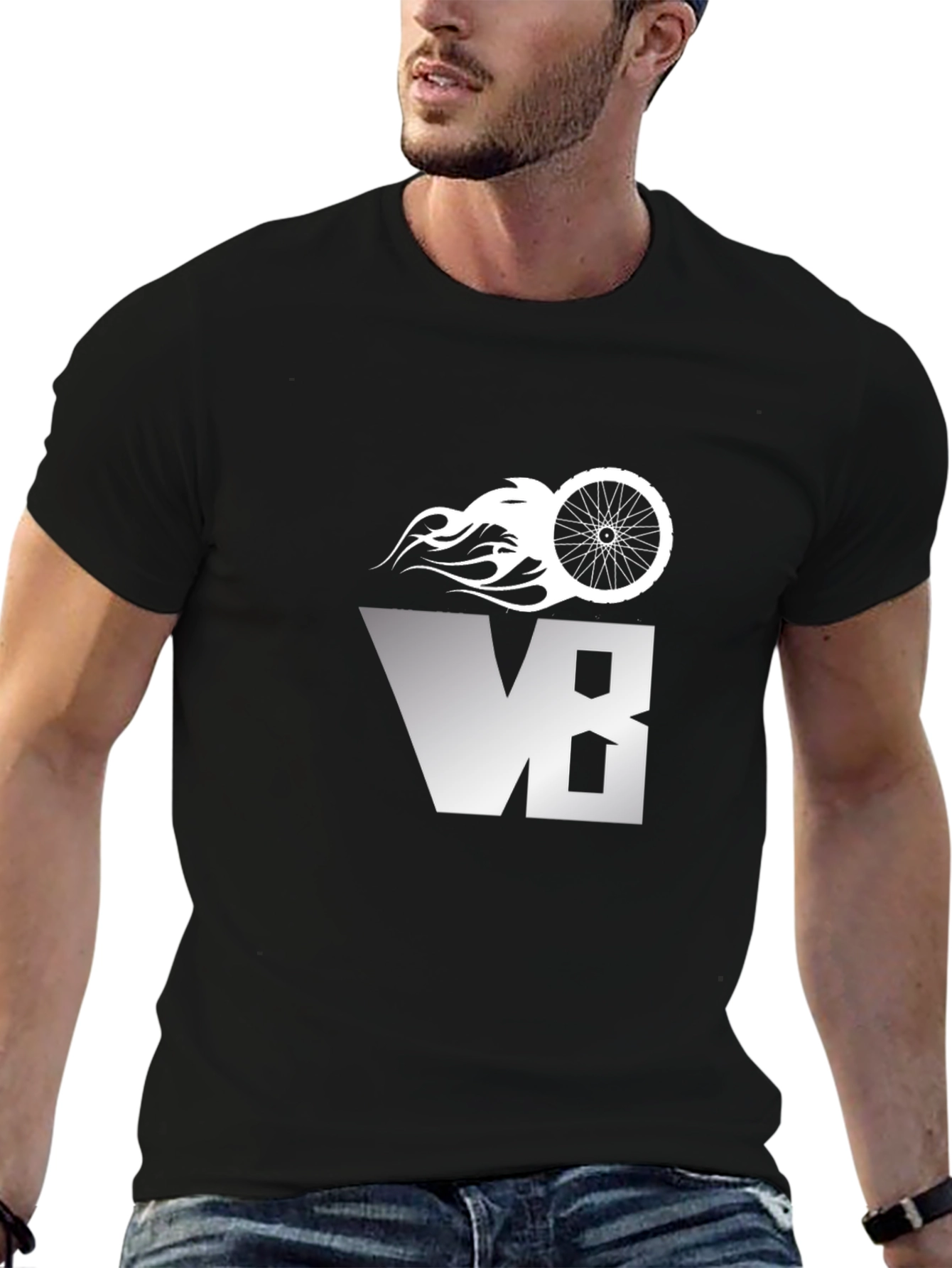 Mens Black V8 Bike Wheel Graphic T-Shirt