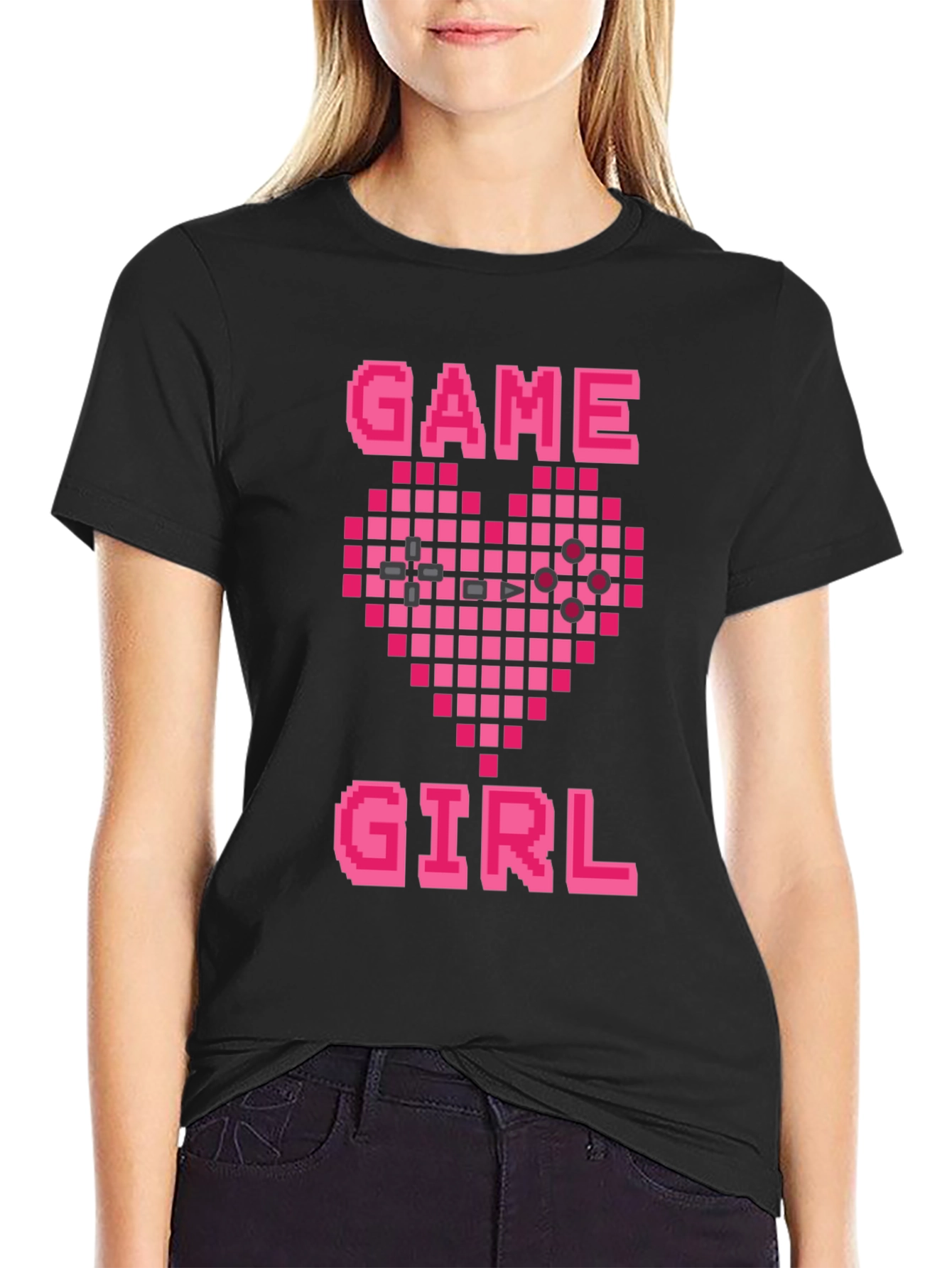 Game Girl Pixel Heart Black T-Shirt