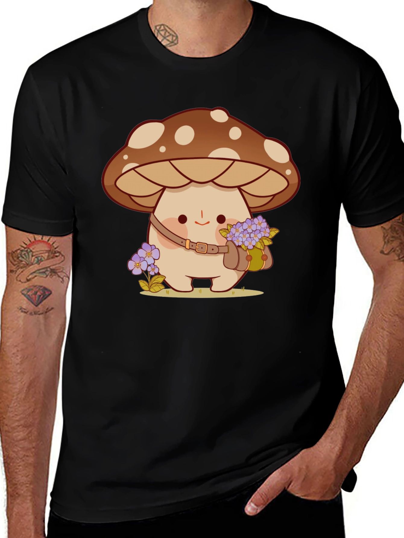 Cute Mushroom Character Black T-Shirt