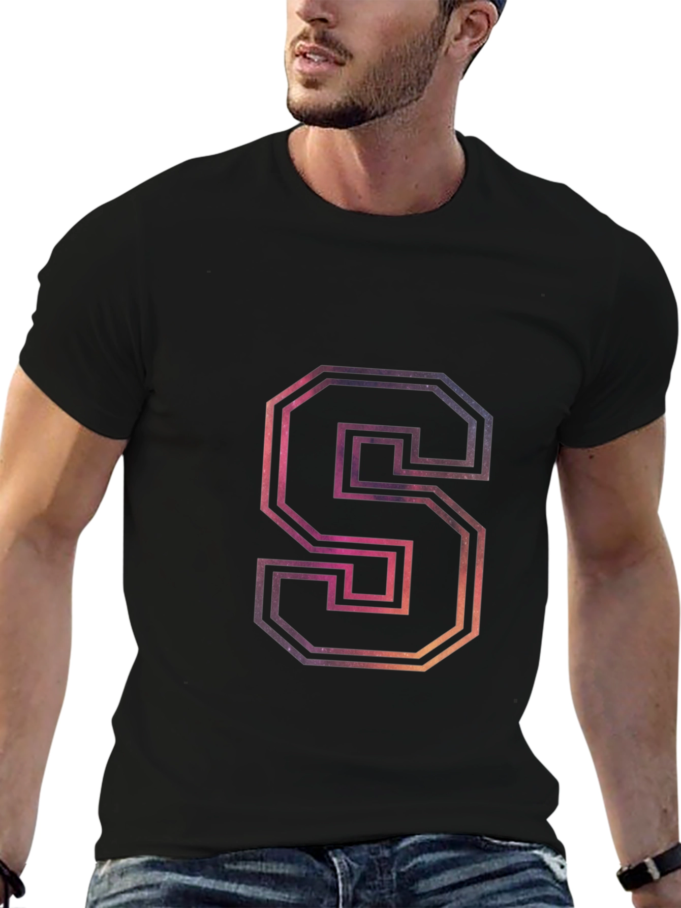 Letter S Galaxy Graphic Black T-Shirt