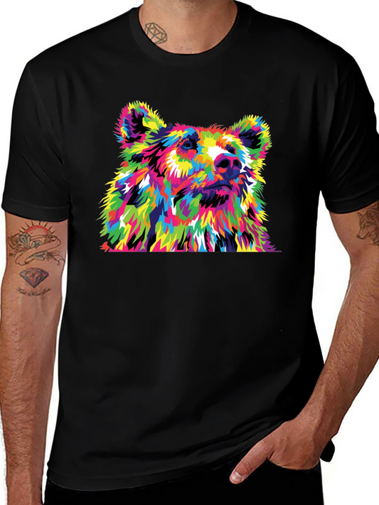 Colorful Bear Graphic Print Black T-Shirt