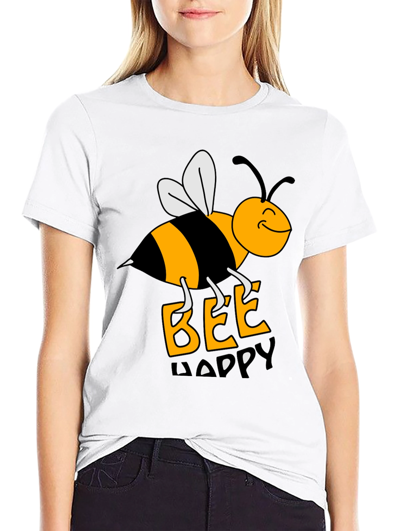 Bee Happy Graphic Tee - Black Cotton T-Shirt