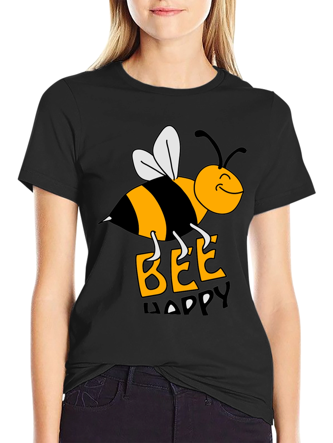 Bee Happy Graphic Tee - Black Cotton T-Shirt