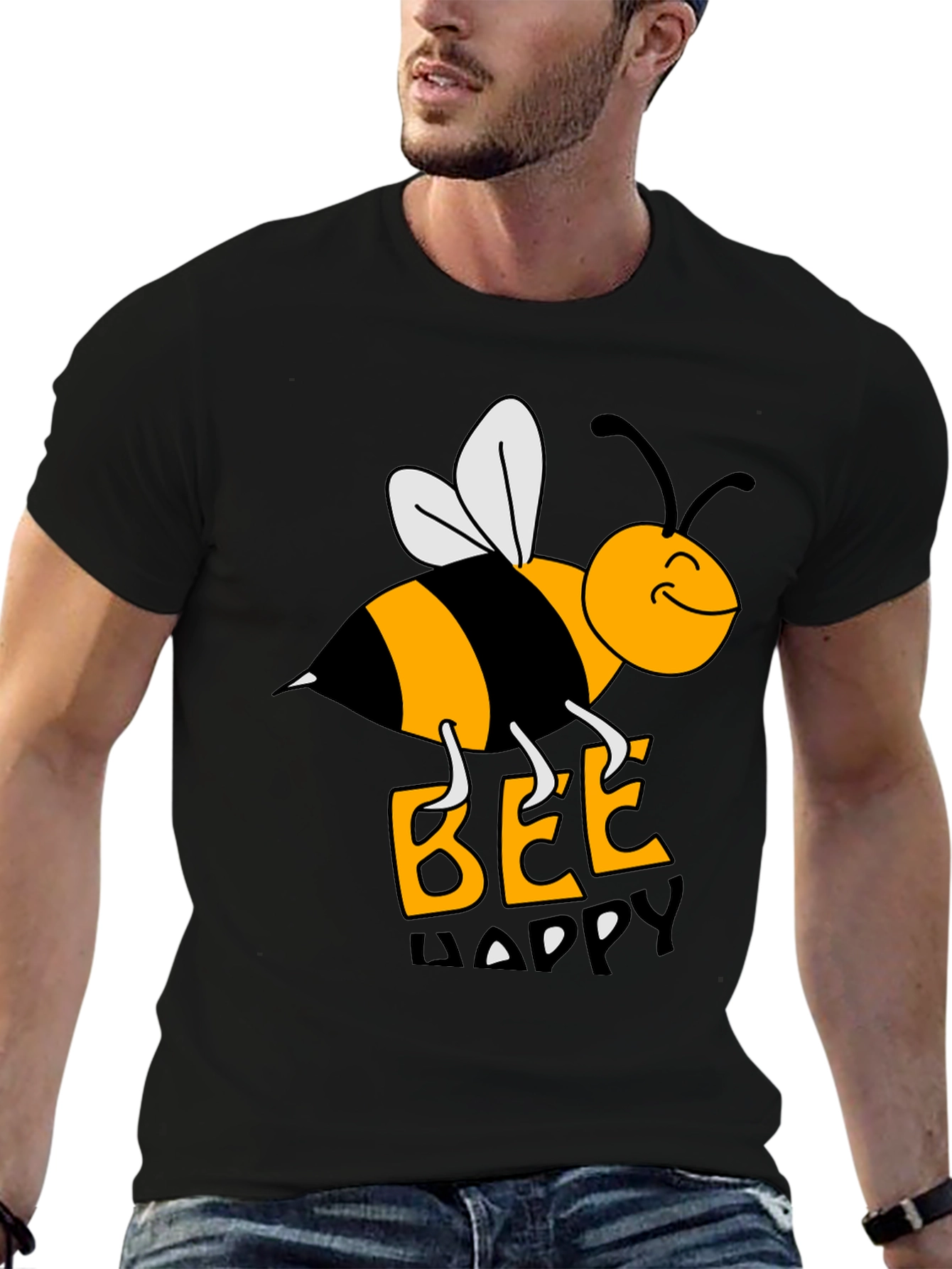 Bee Happy Graphic Tee - Black Cotton T-Shirt