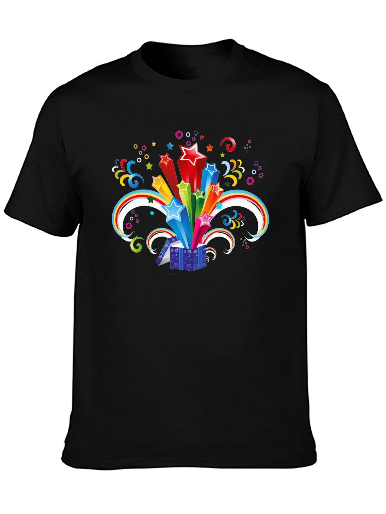 Black T-Shirt with Exploding Star Gift Box Design