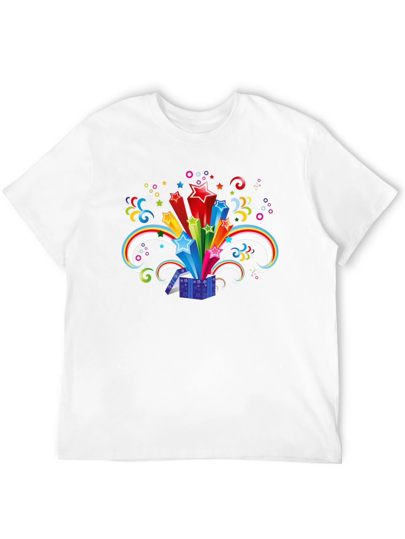 Black T-Shirt with Exploding Star Gift Box Design