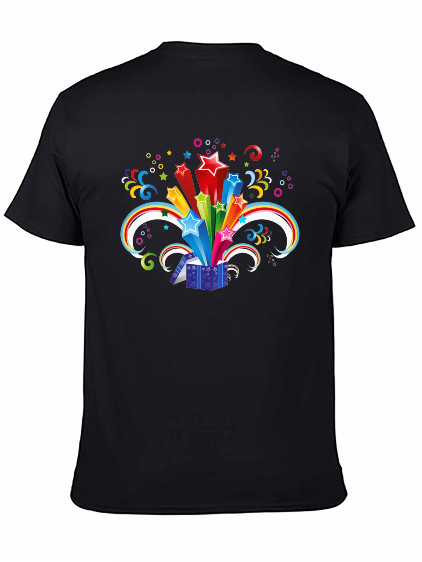 Black T-Shirt with Exploding Star Gift Box Design