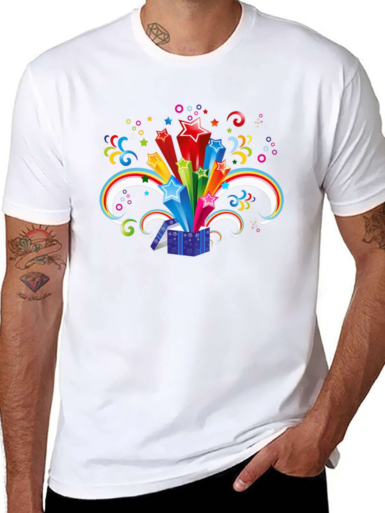 Black T-Shirt with Exploding Star Gift Box Design