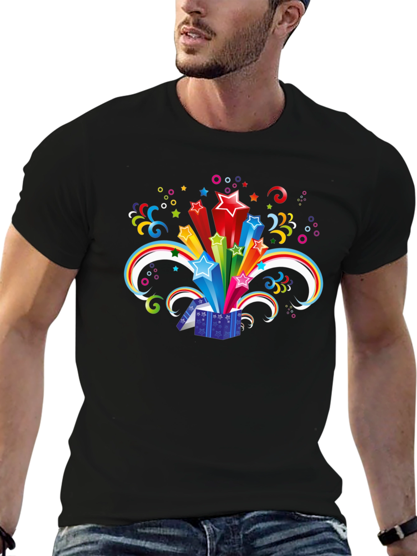 Black T-Shirt with Exploding Star Gift Box Design