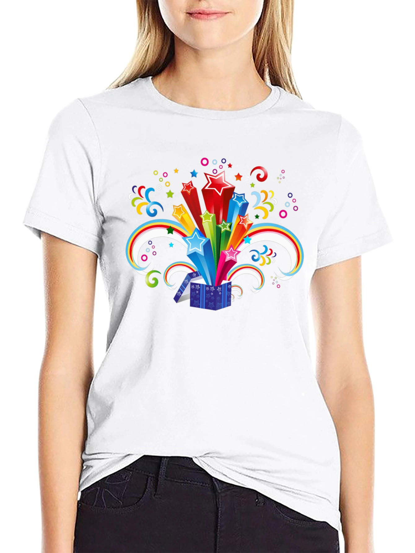 Black T-Shirt with Exploding Star Gift Box Design