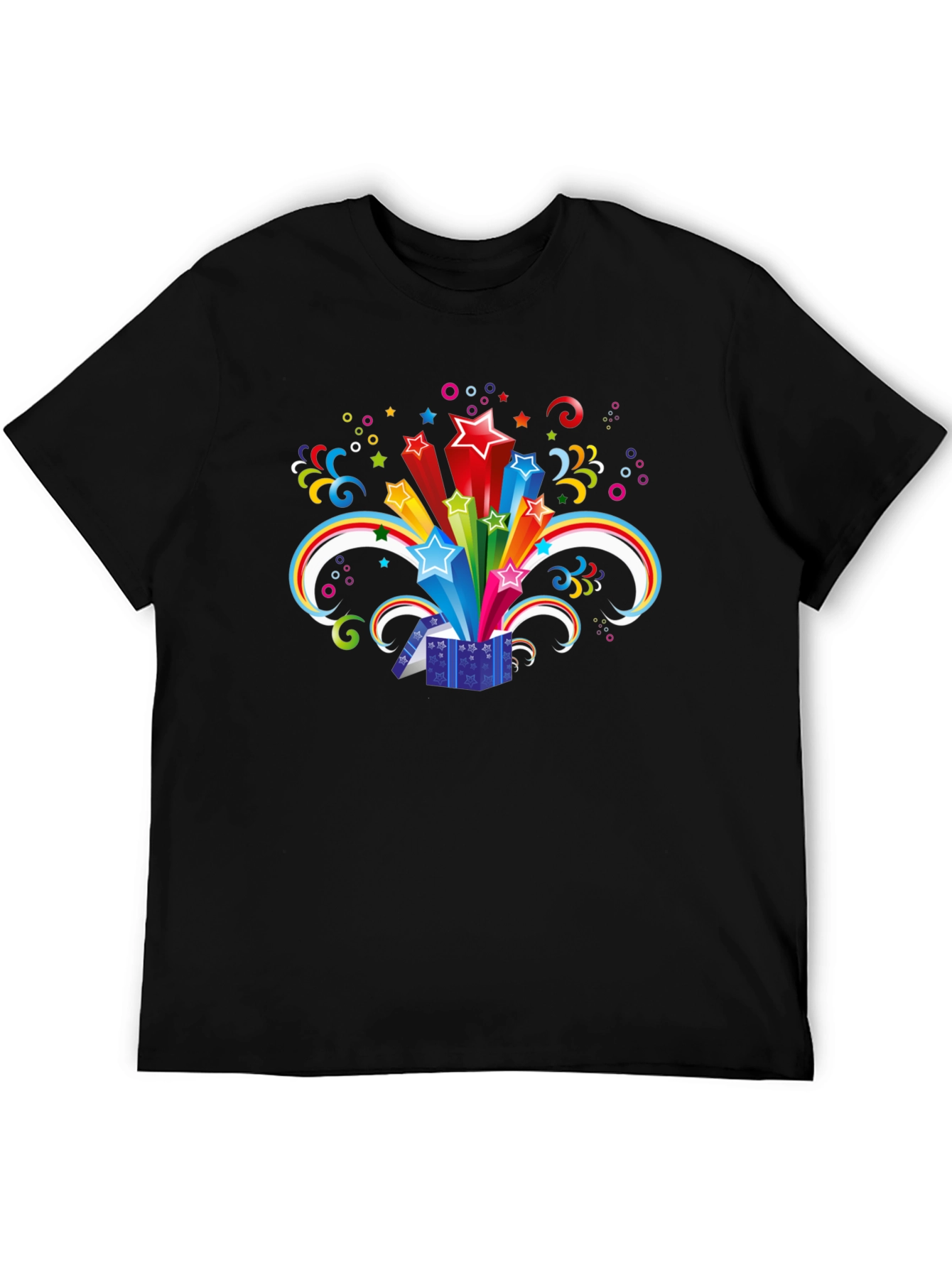 Black T-Shirt with Exploding Star Gift Box Design