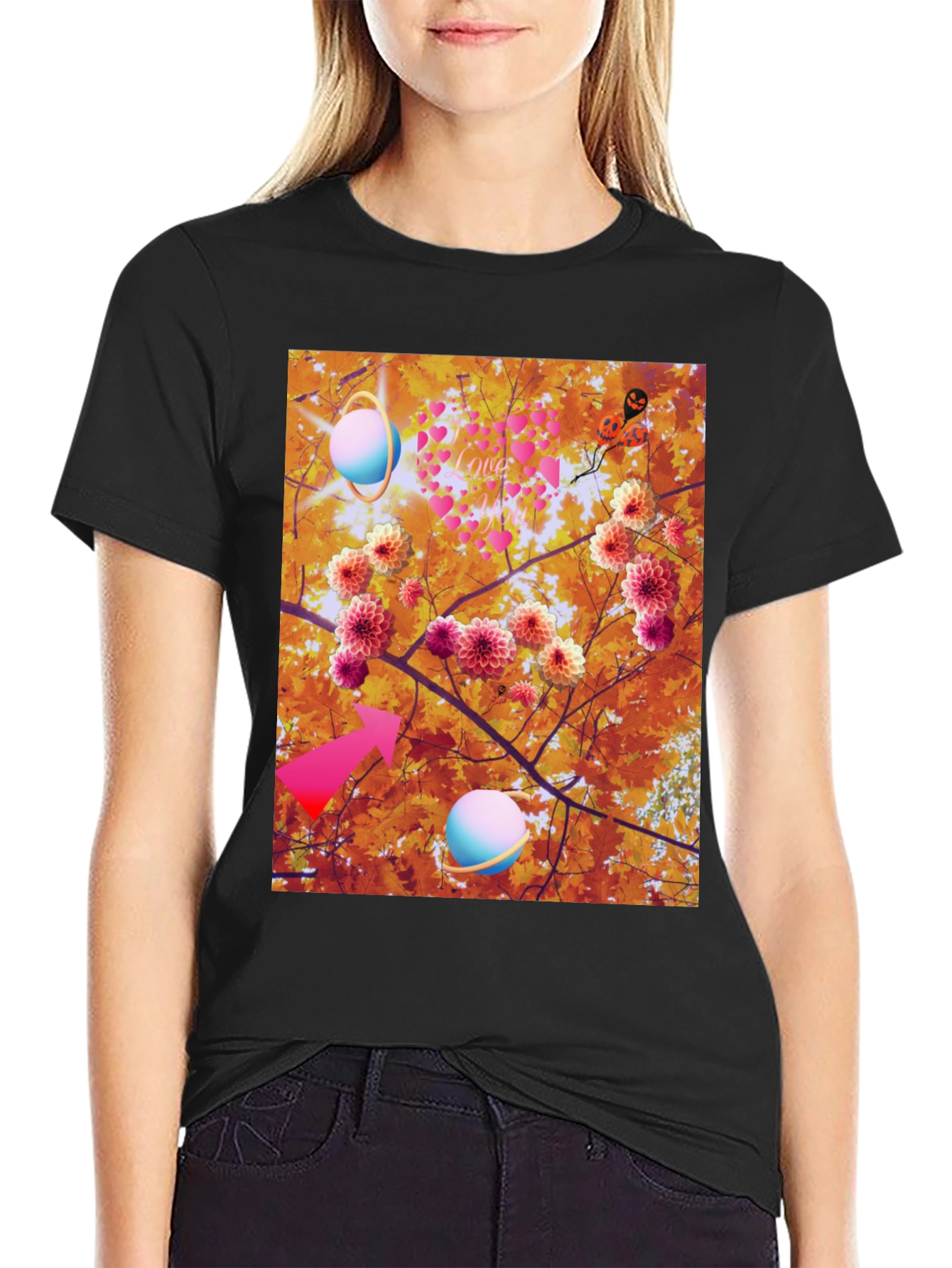 Artistic Graphic Tee: Floral Galaxy Love