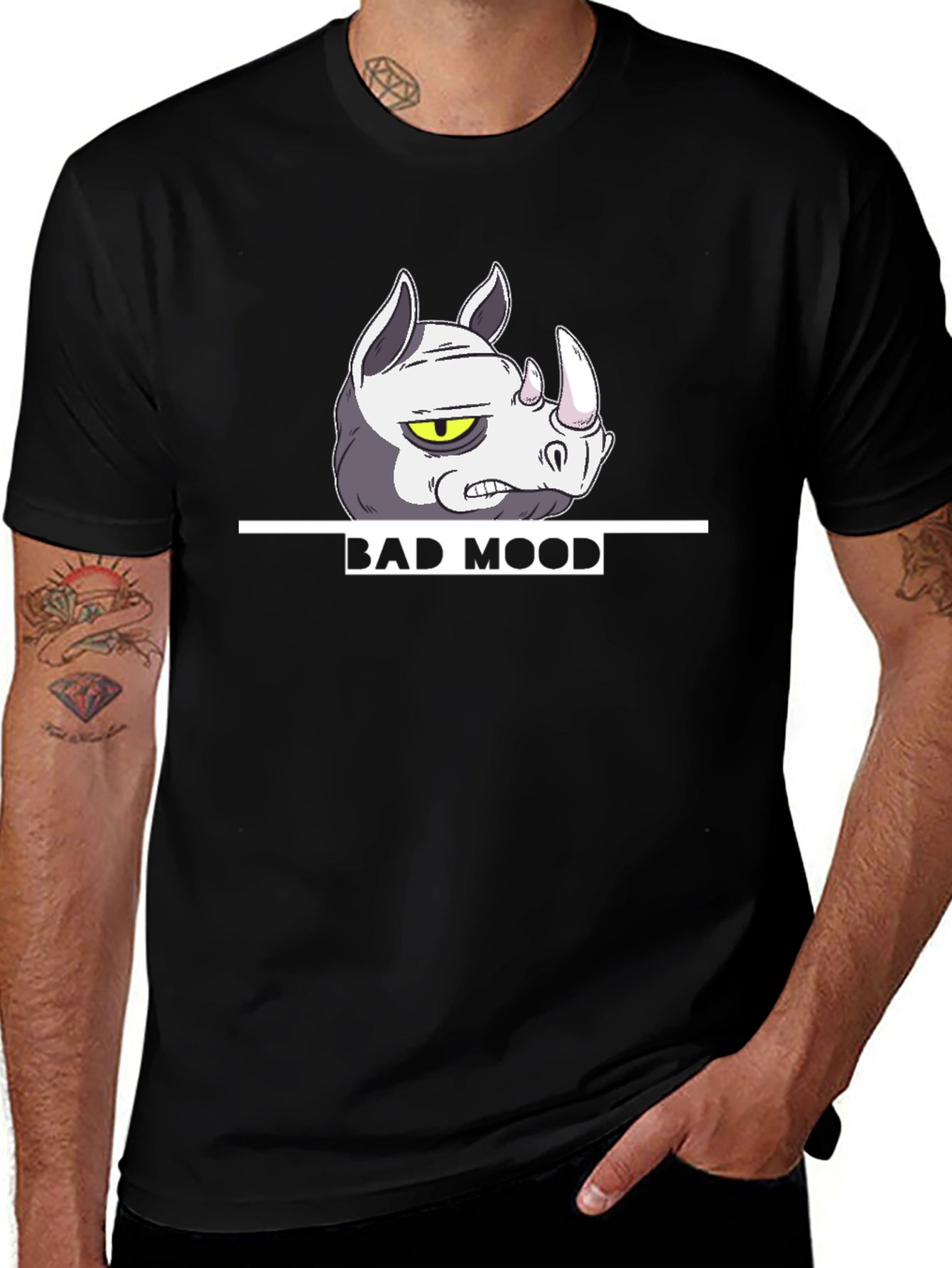 Bad Mood Rhino Graphic T-Shirt - Black Casual Tee