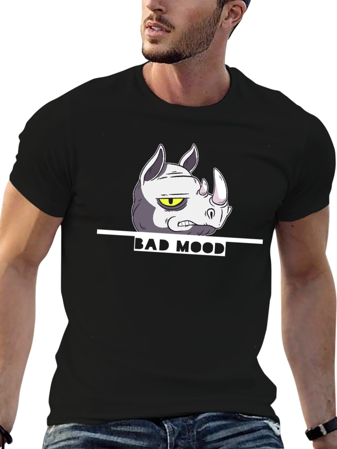 Bad Mood Rhino Graphic T-Shirt - Black Casual Tee