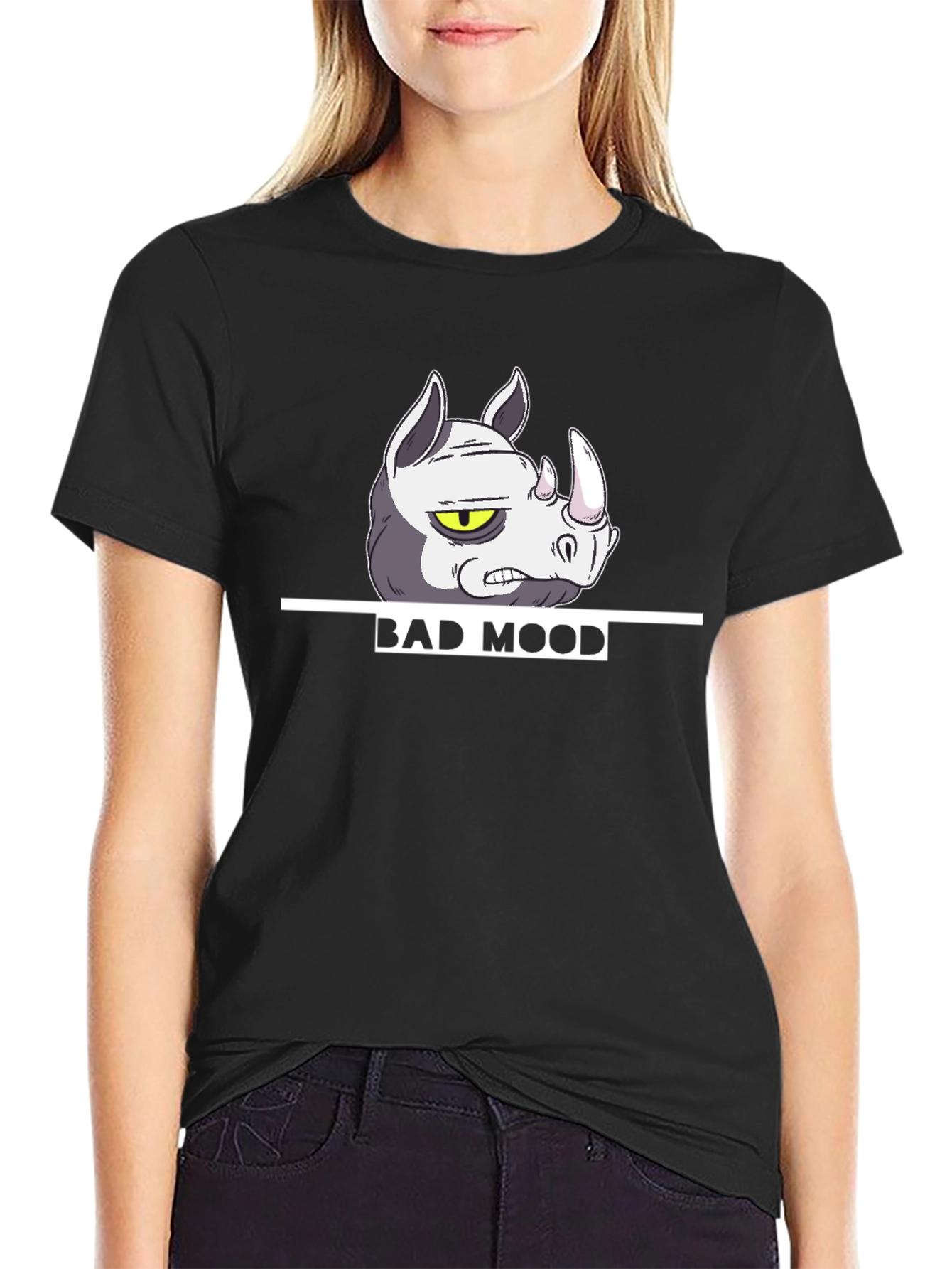 Bad Mood Rhino Graphic T-Shirt - Black Casual Tee