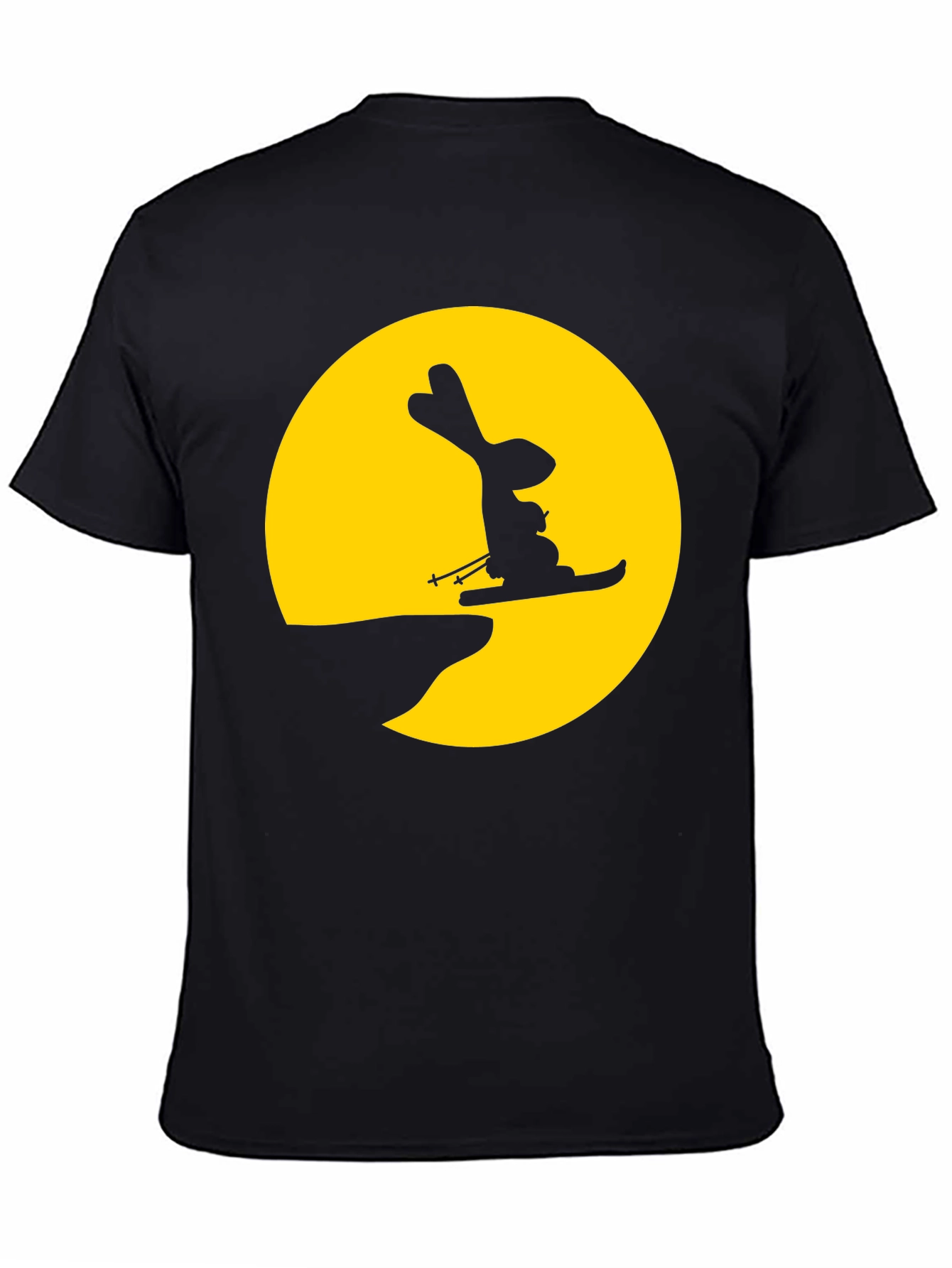 Rabbit Skiing Moon Graphic Tee - Black Cotton Shirt