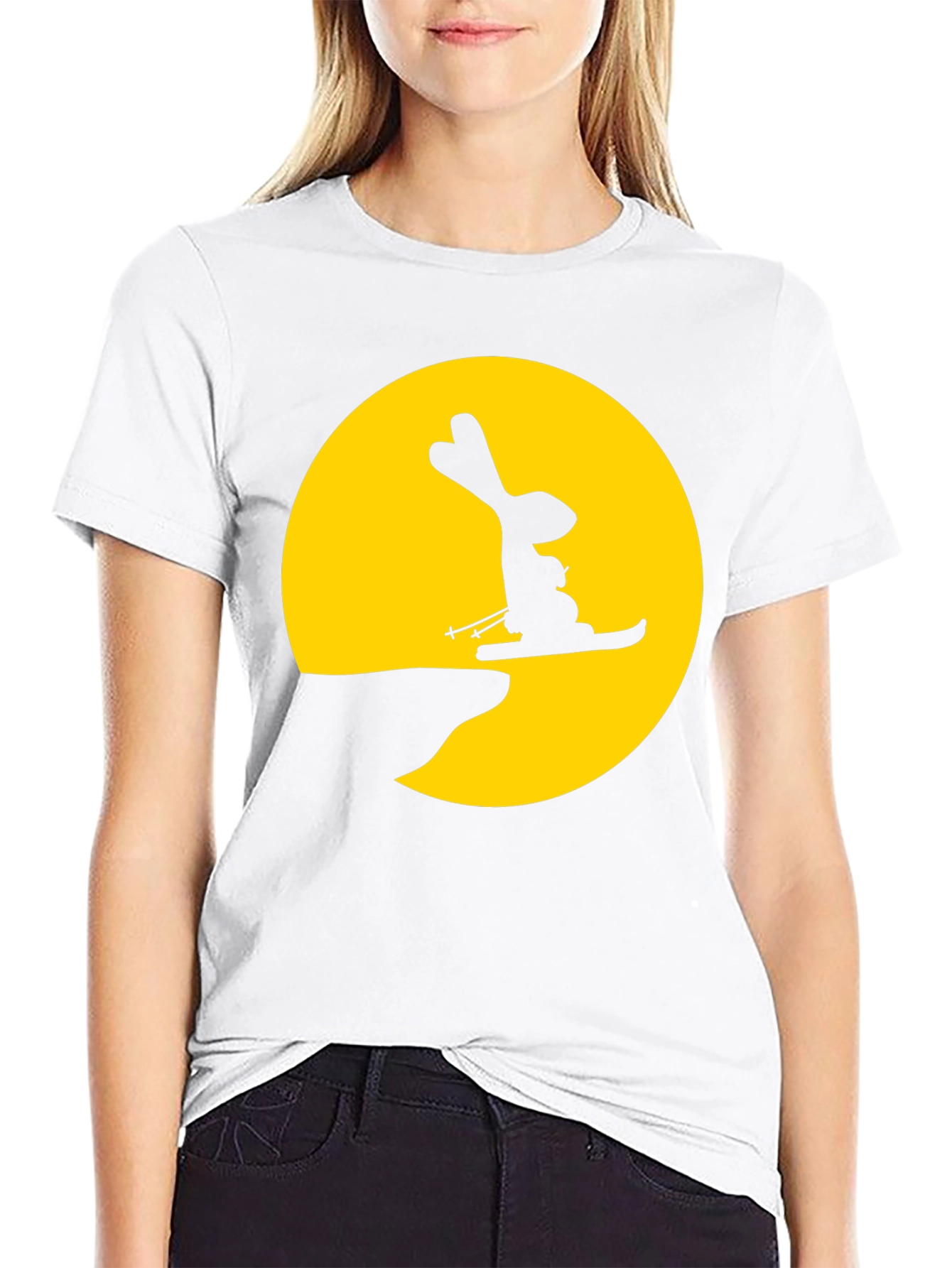 Rabbit Skiing Moon Graphic Tee - Black Cotton Shirt
