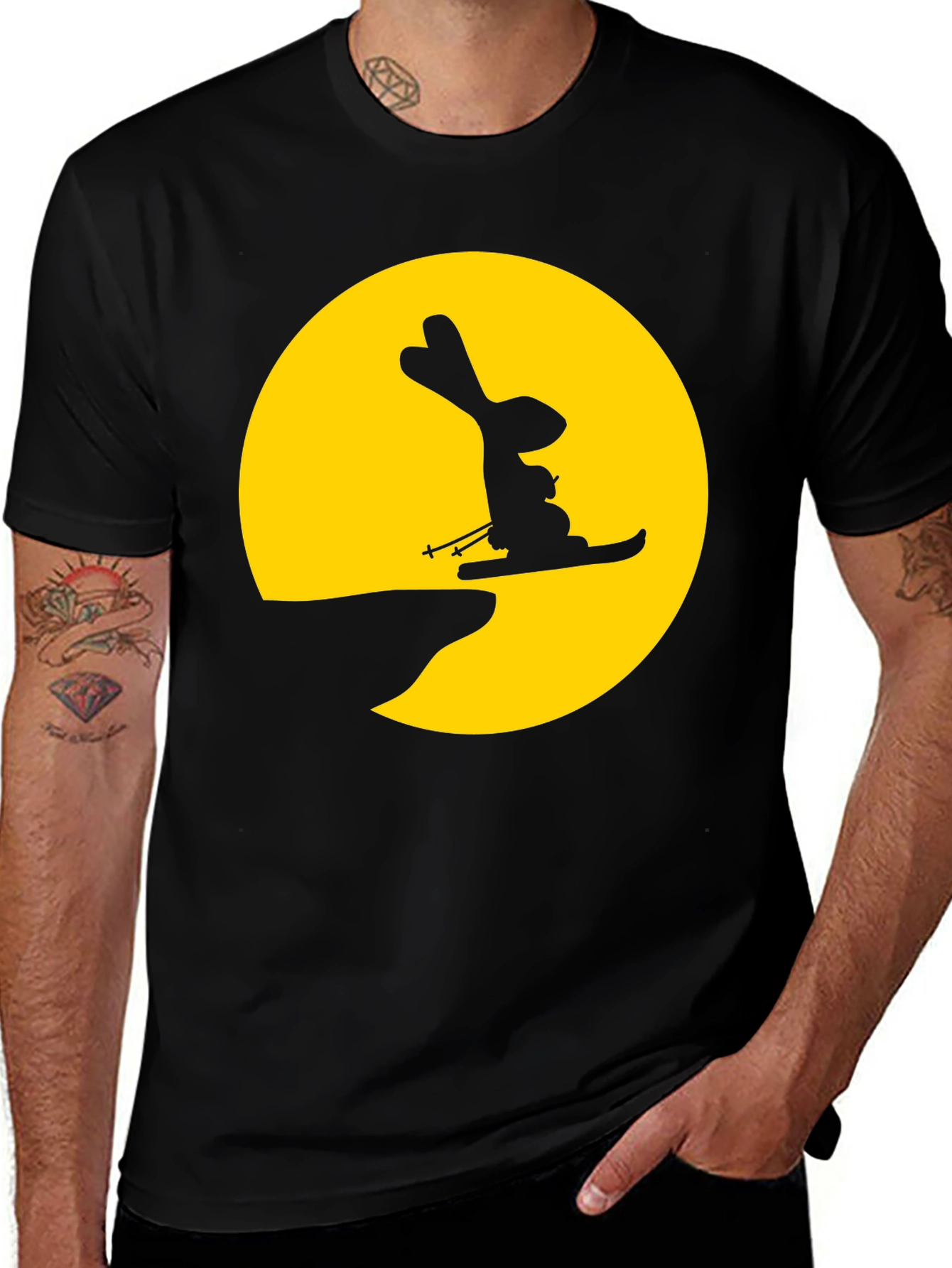 Rabbit Skiing Moon Graphic Tee - Black Cotton Shirt