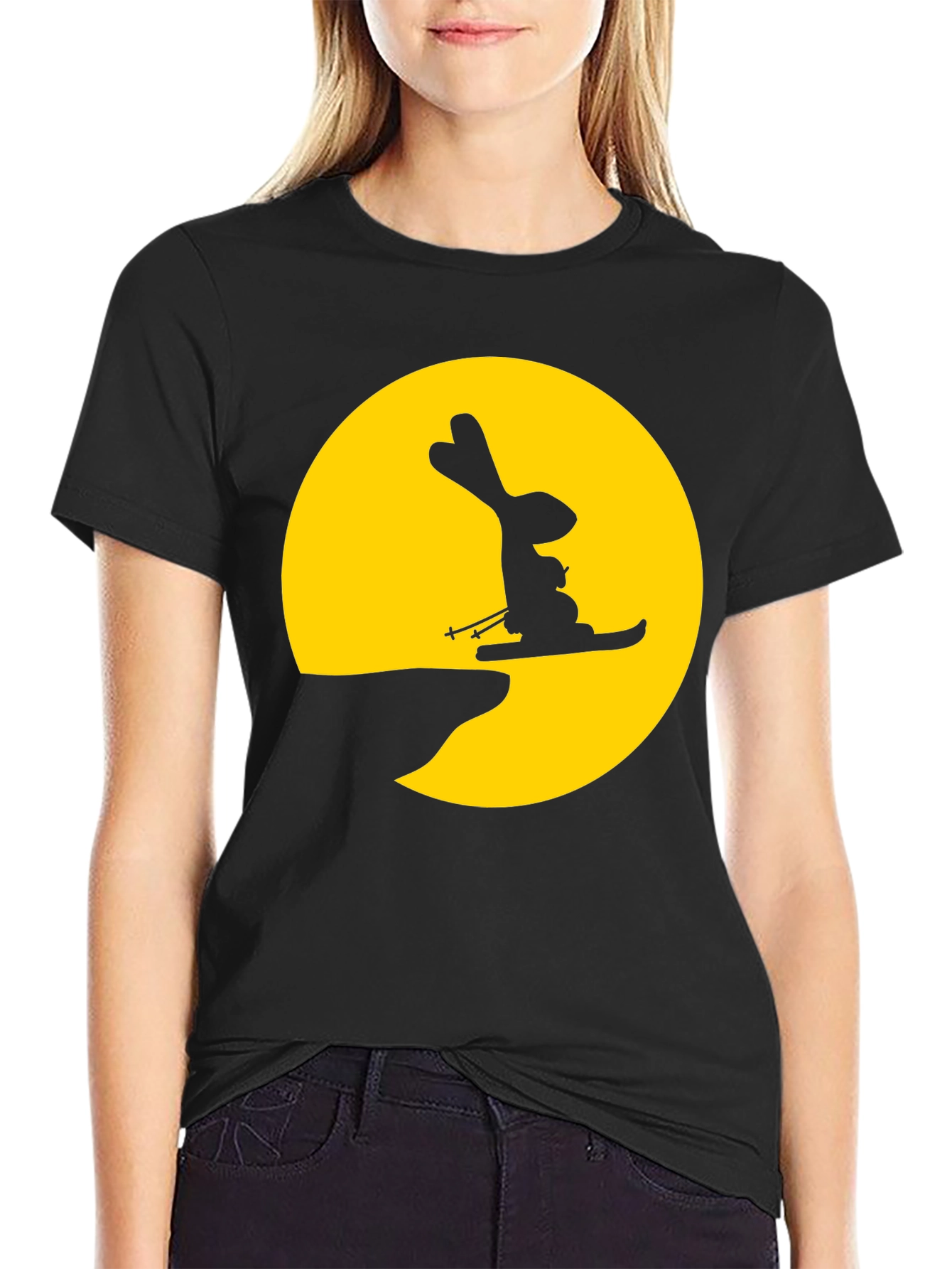 Rabbit Skiing Moon Graphic Tee - Black Cotton Shirt