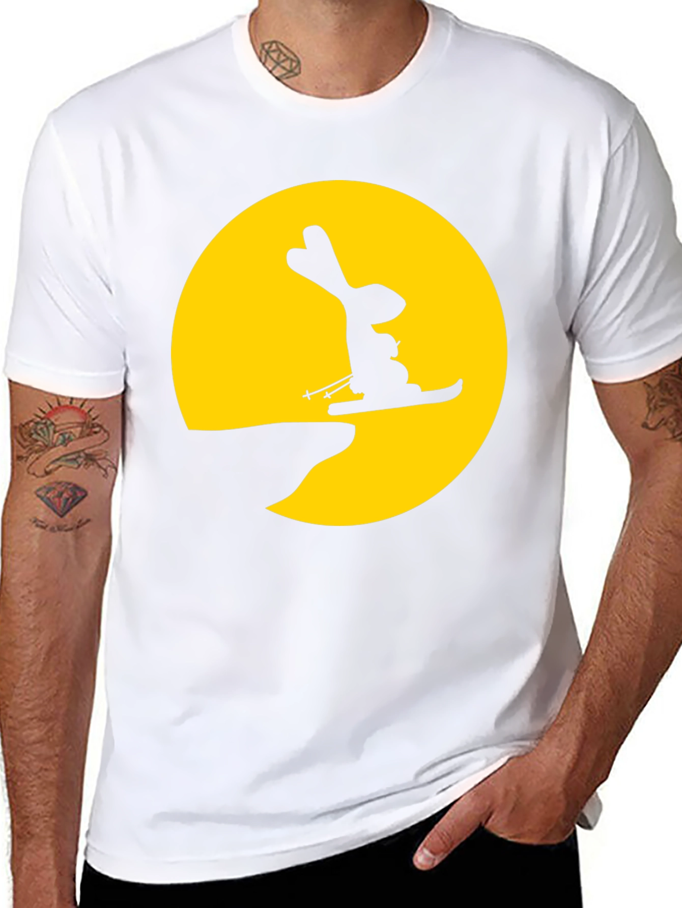 Rabbit Skiing Moon Graphic Tee - Black Cotton Shirt