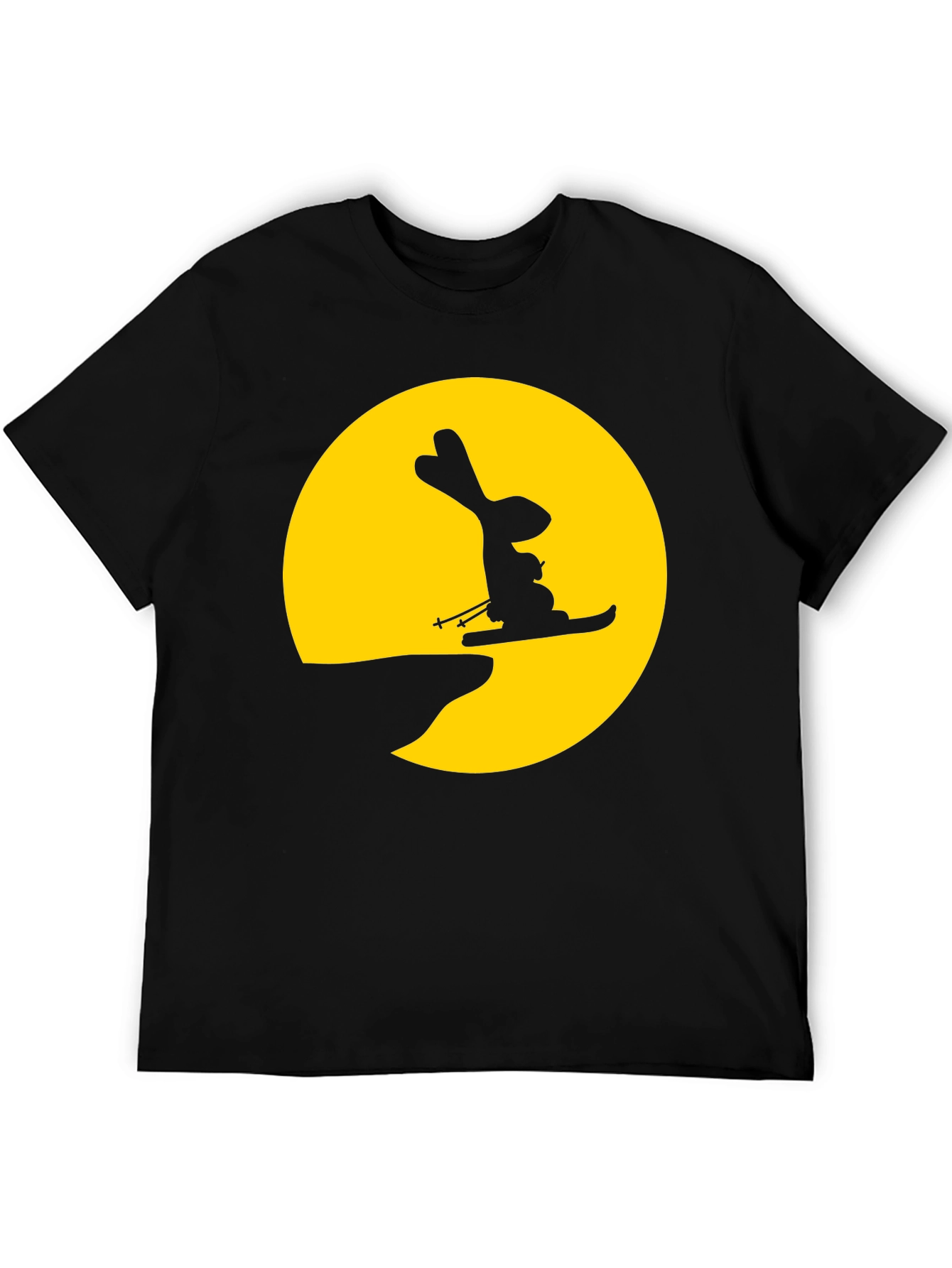 Rabbit Skiing Moon Graphic Tee - Black Cotton Shirt