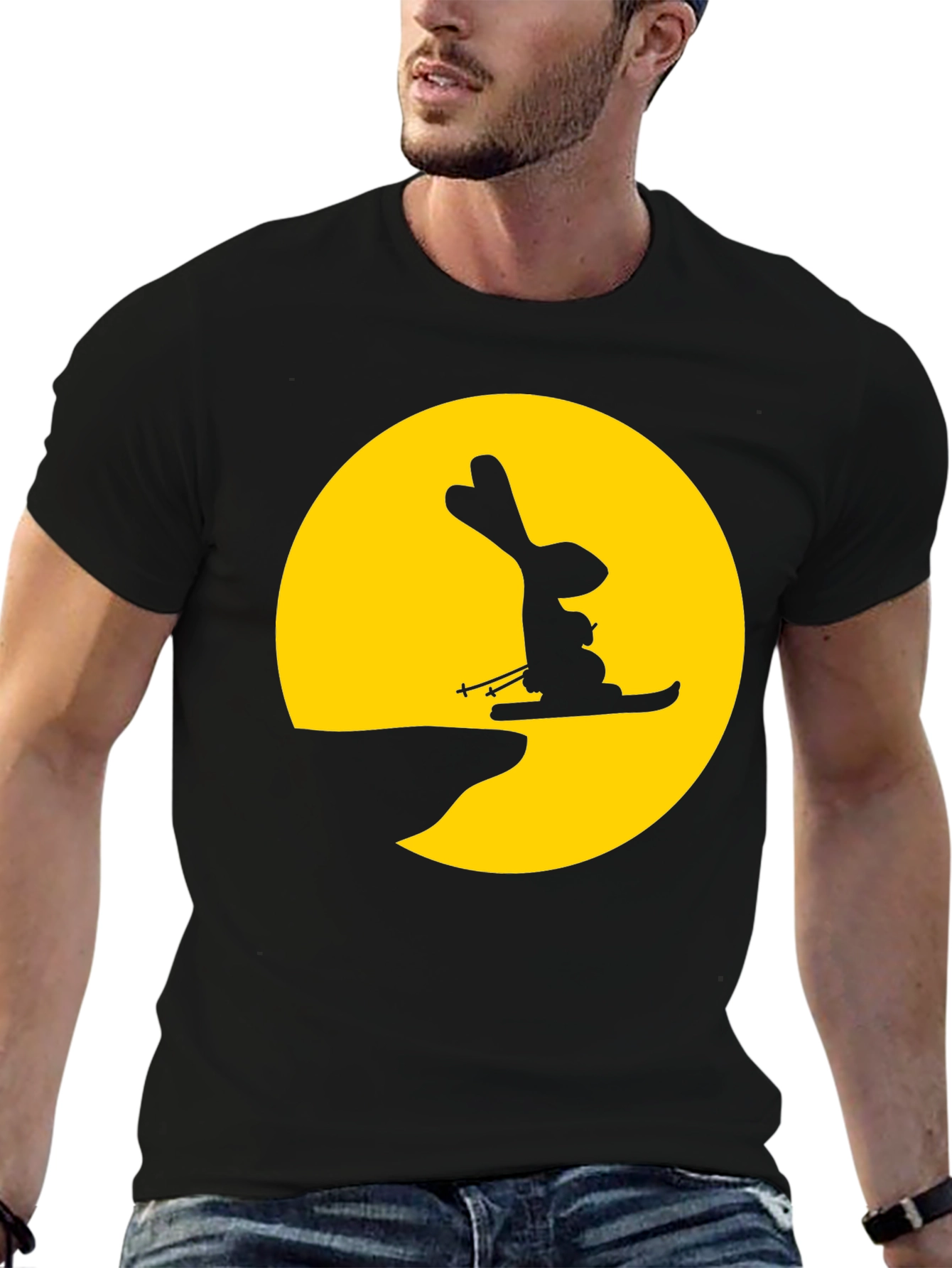 Rabbit Skiing Moon Graphic Tee - Black Cotton Shirt