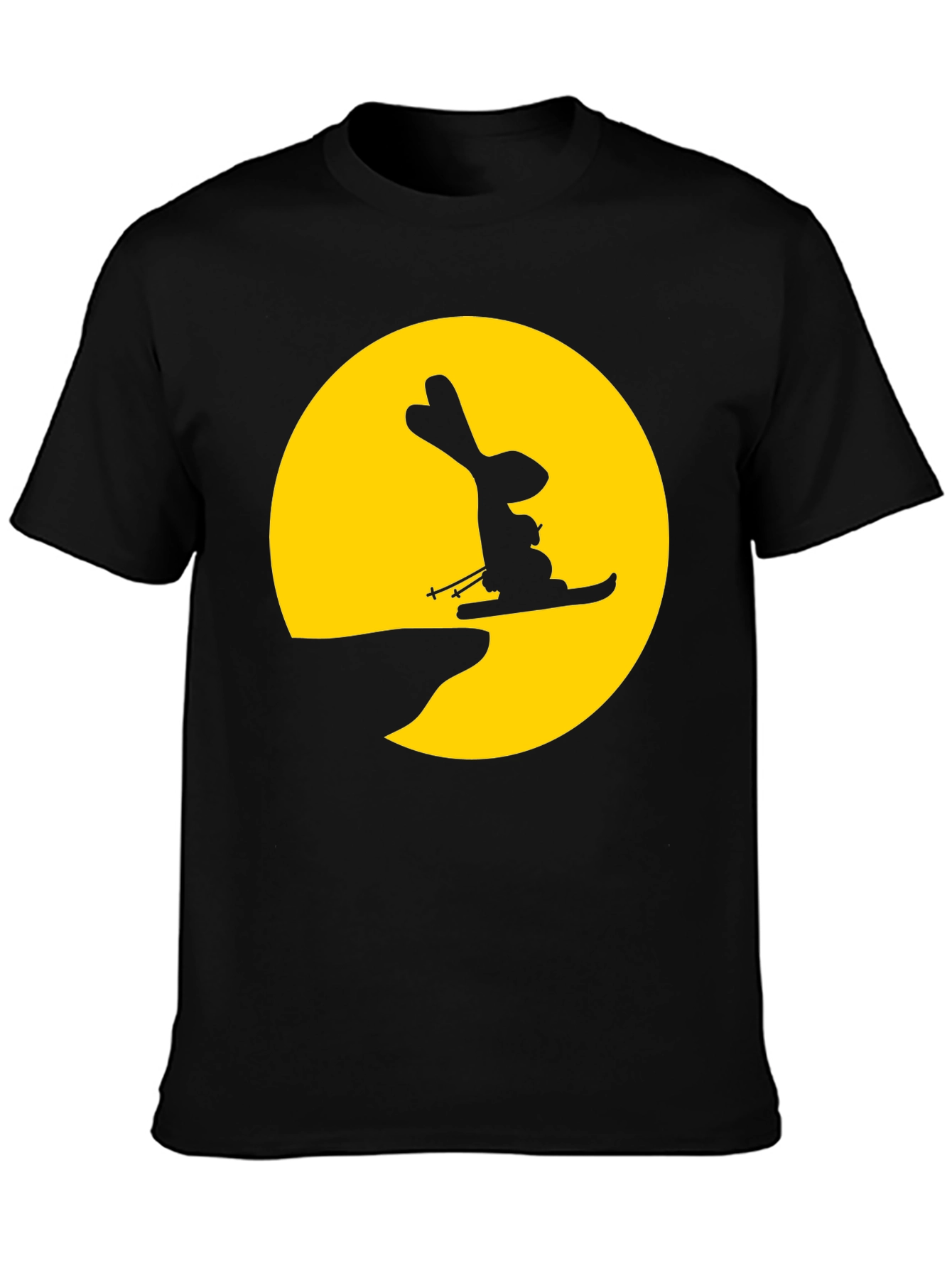 Rabbit Skiing Moon Graphic Tee - Black Cotton Shirt