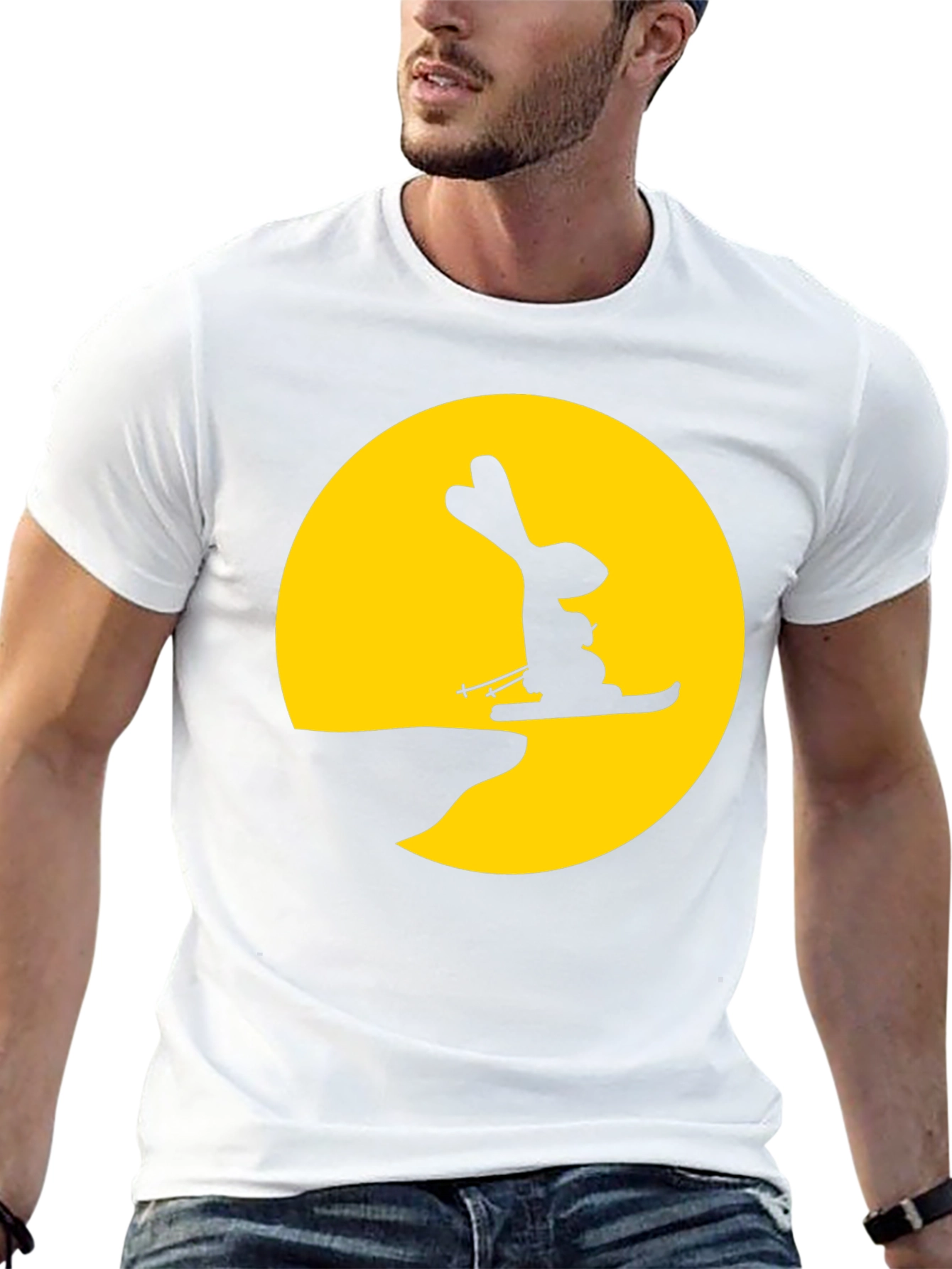 Rabbit Skiing Moon Graphic Tee - Black Cotton Shirt