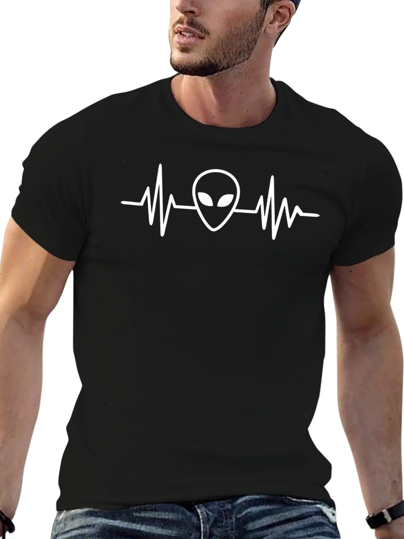 Alien Heartbeat Graphic Tee - Black Cotton T-Shirt