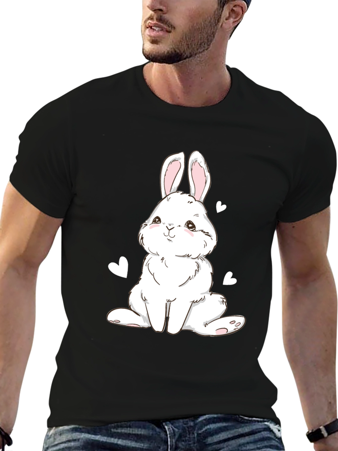 Cute Bunny Graphic Tee - Black Cotton Blend T-Shirt