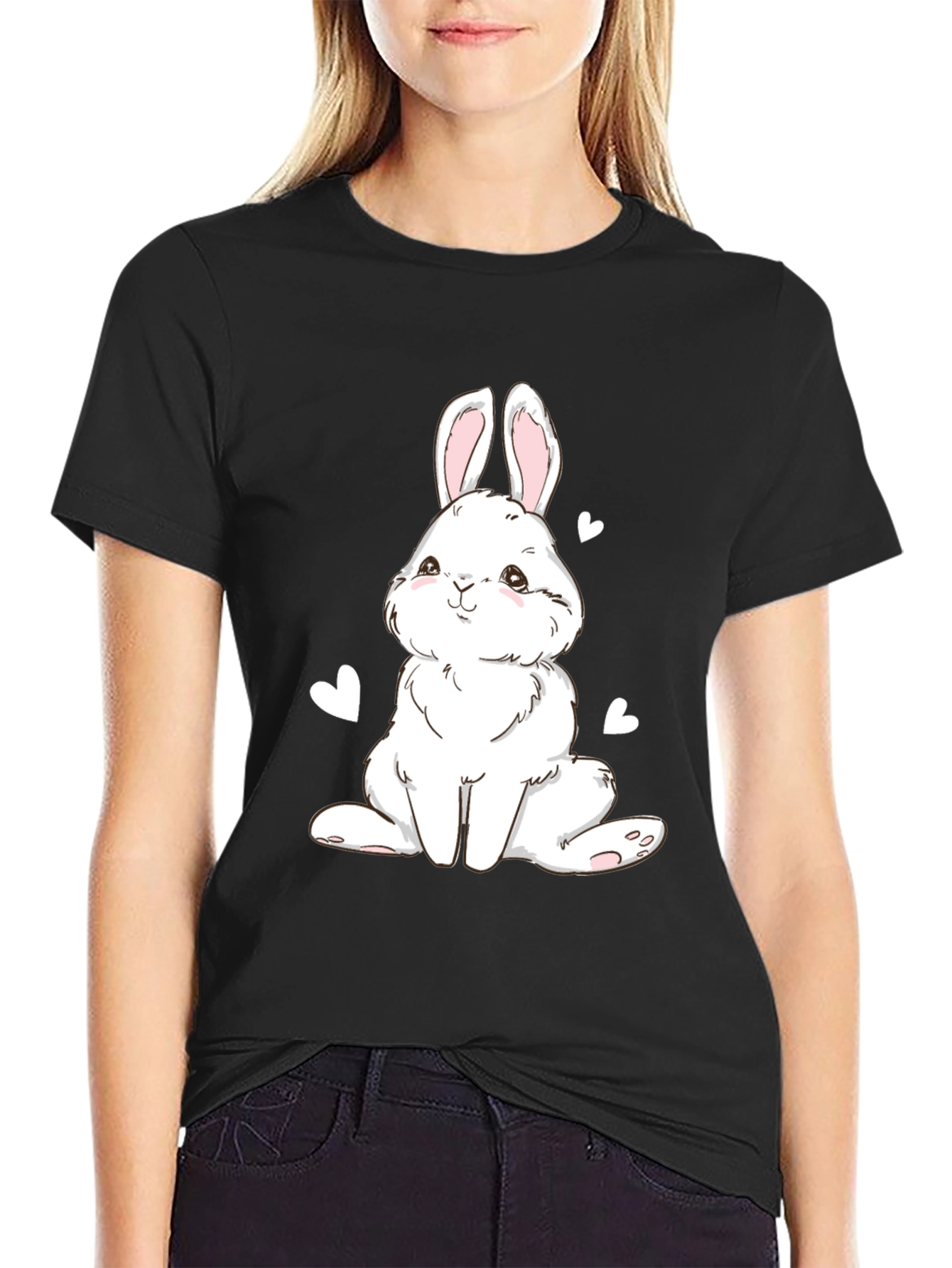Cute Bunny Graphic Tee - Black Cotton Blend T-Shirt
