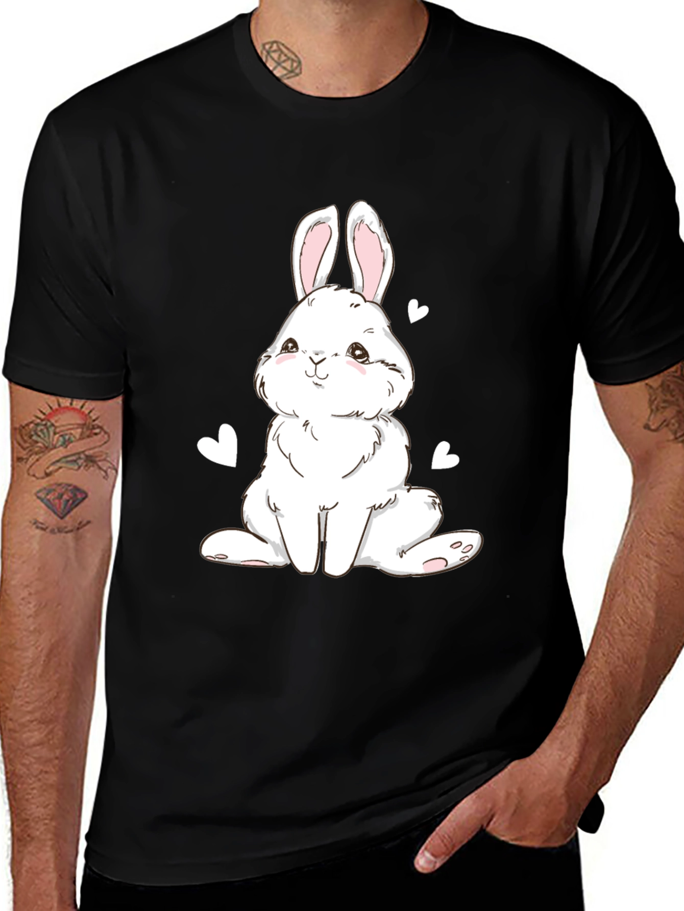 Cute Bunny Graphic Tee - Black Cotton Blend T-Shirt