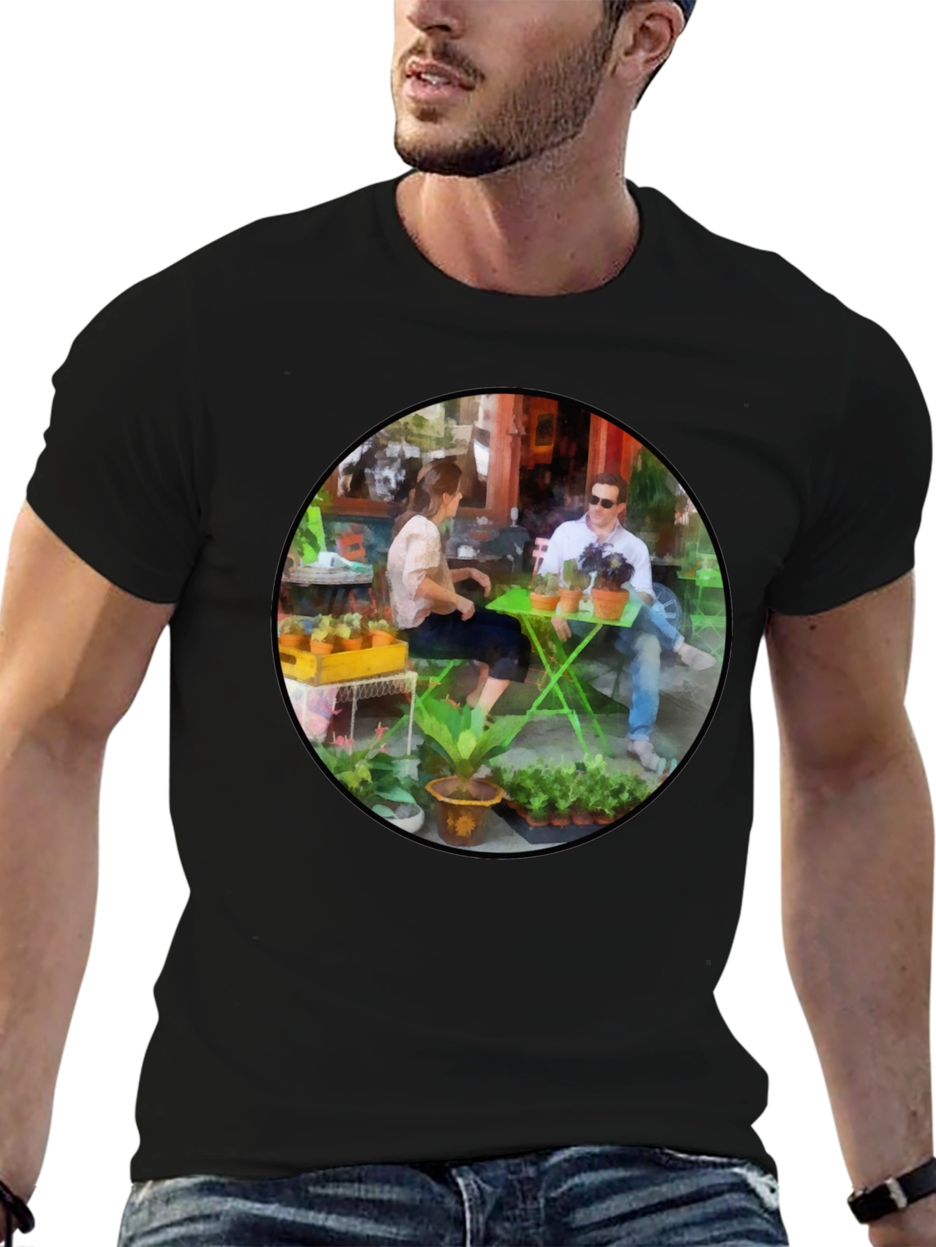 Artistic Cafe Scene Graphic Tee - Unique Design