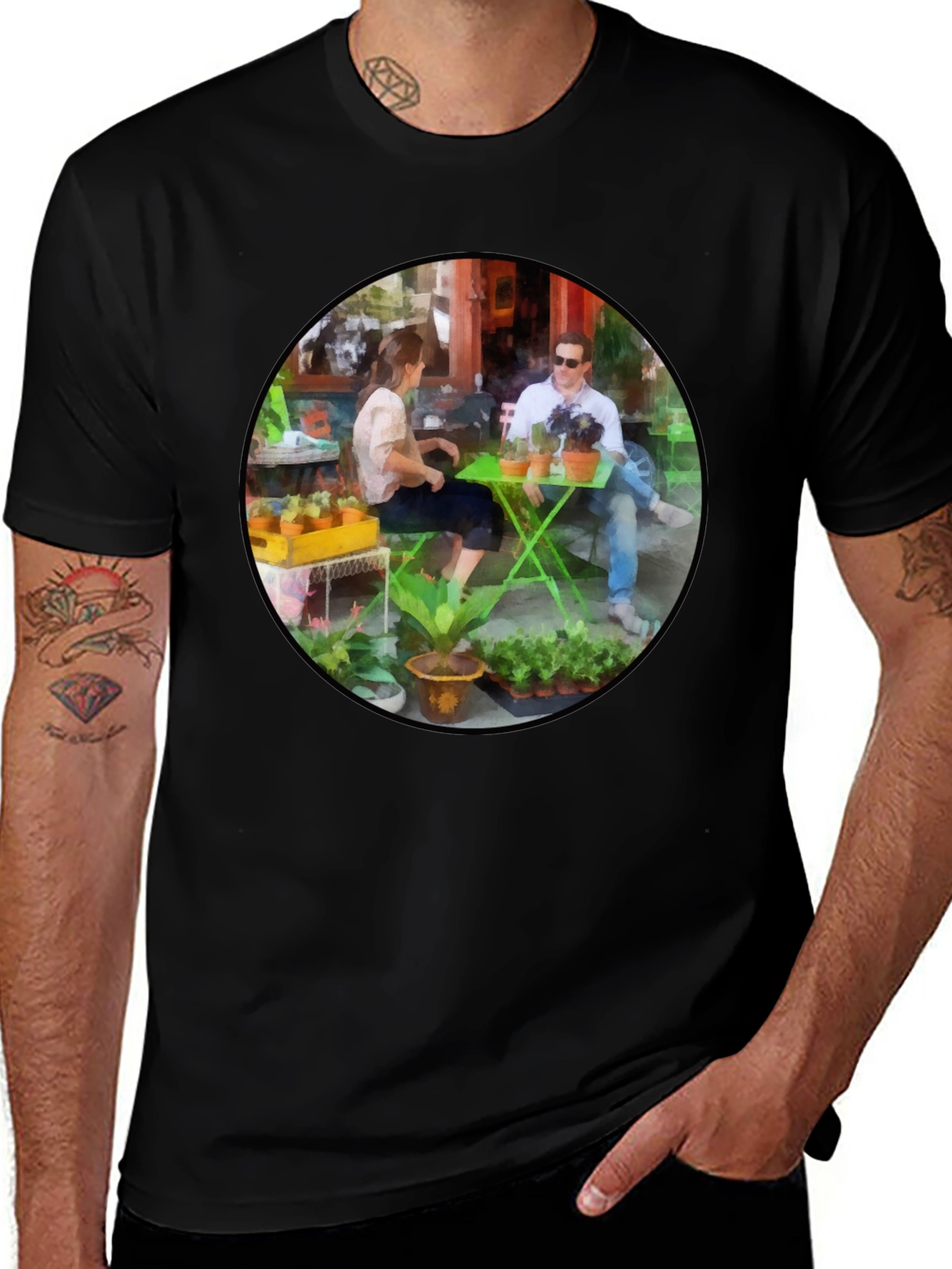 Artistic Cafe Scene Graphic Tee - Unique Design