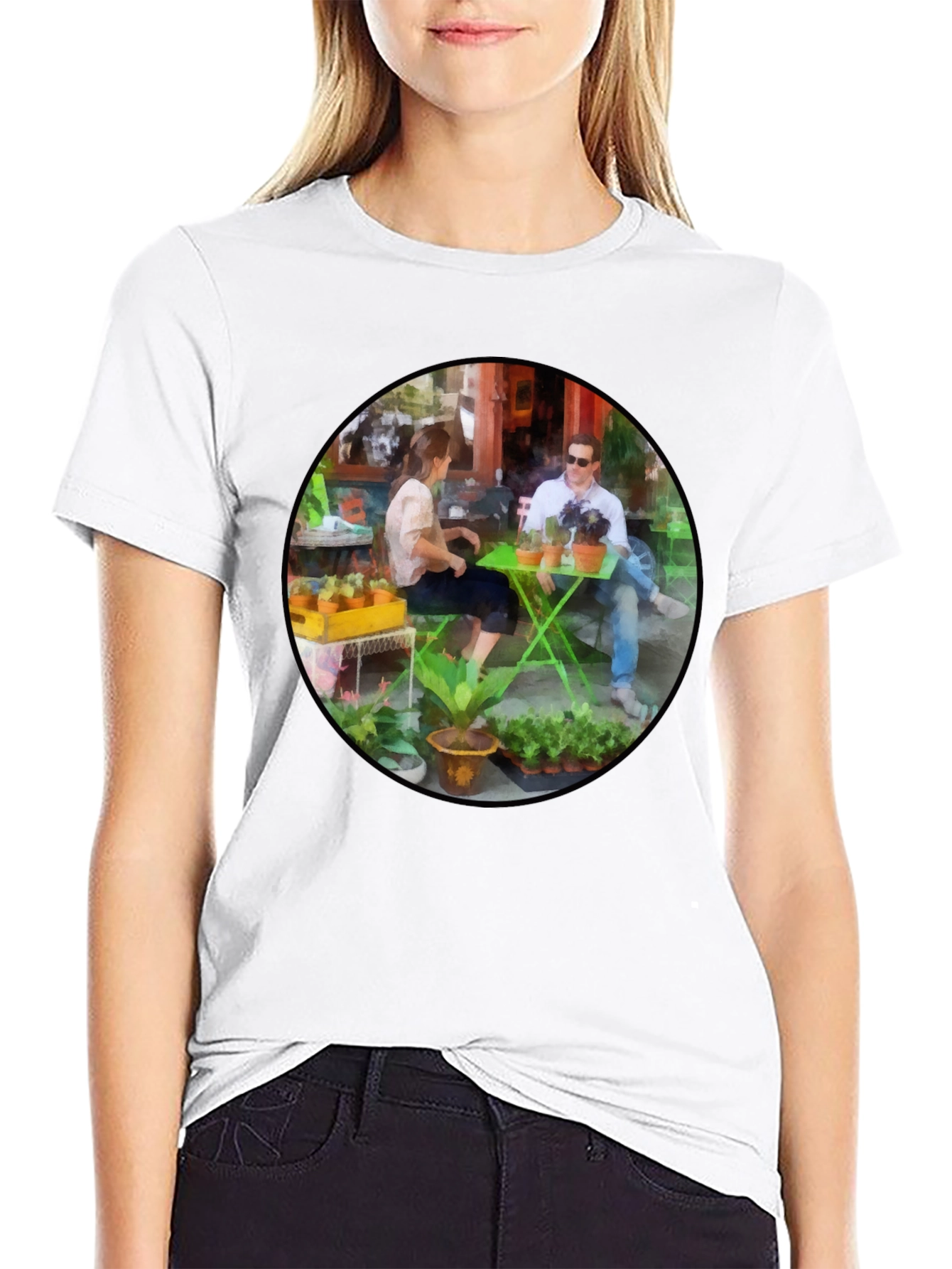 Artistic Cafe Scene Graphic Tee - Unique Design
