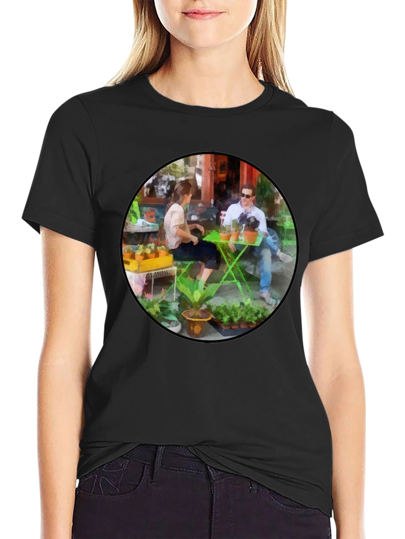 Artistic Cafe Scene Graphic Tee - Unique Design