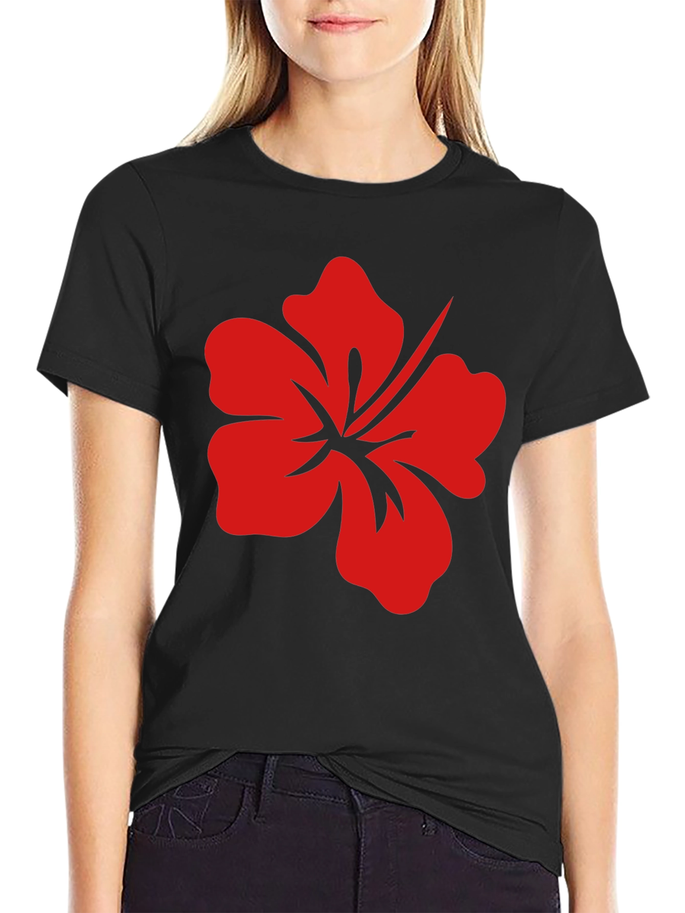 Black T-Shirt with Red Hibiscus Flower