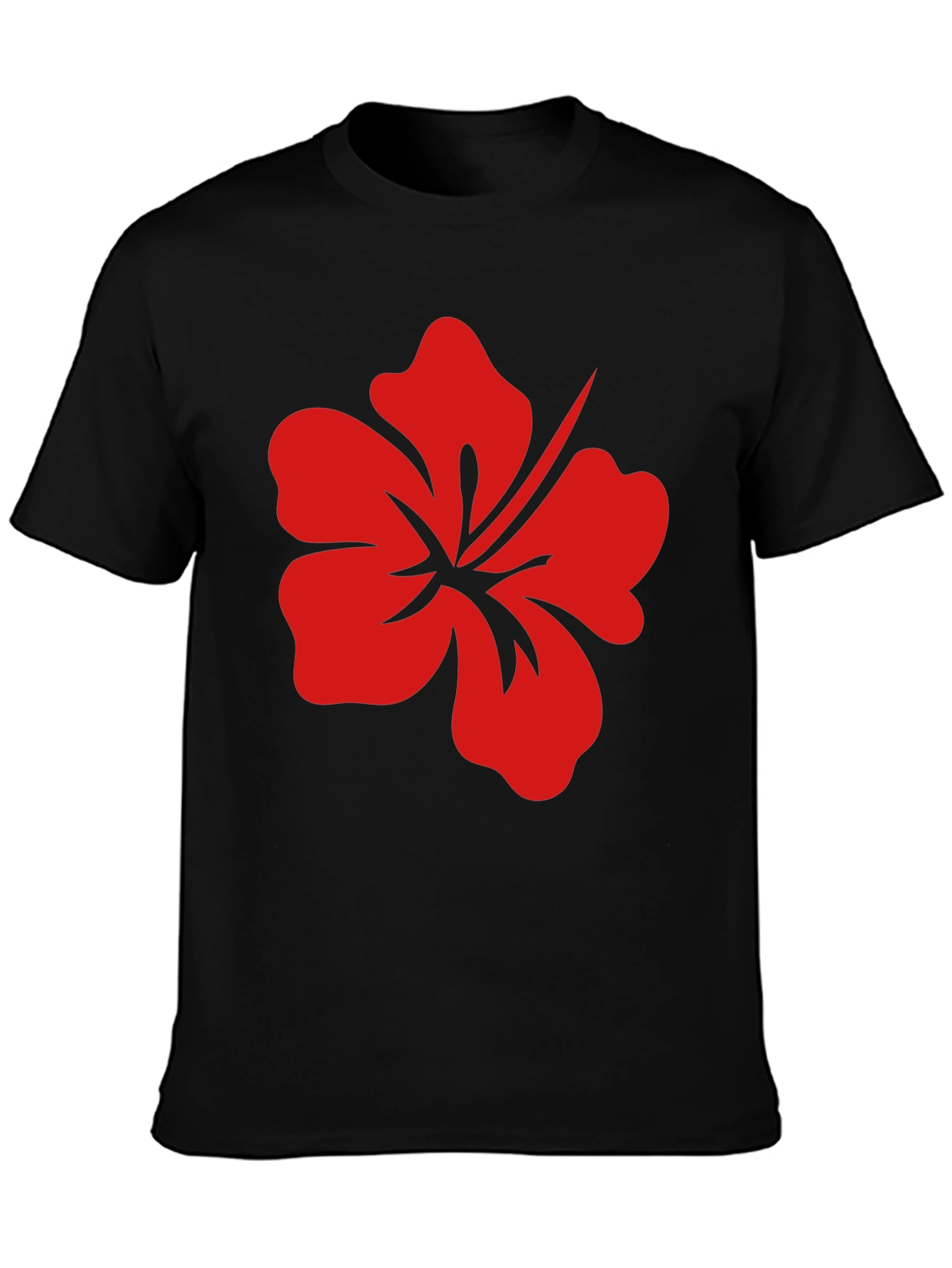 Black T-Shirt with Red Hibiscus Flower