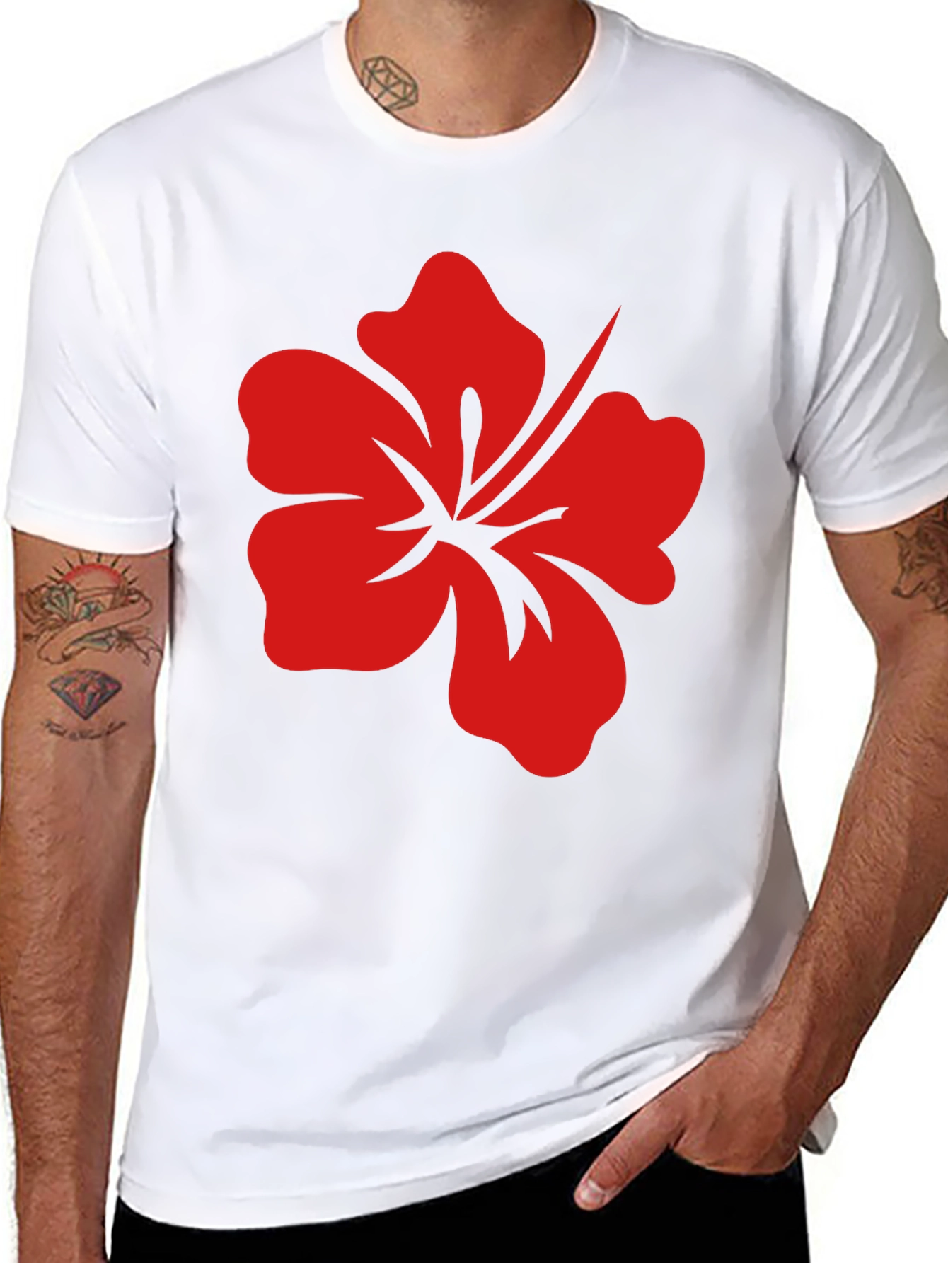 Black T-Shirt with Red Hibiscus Flower