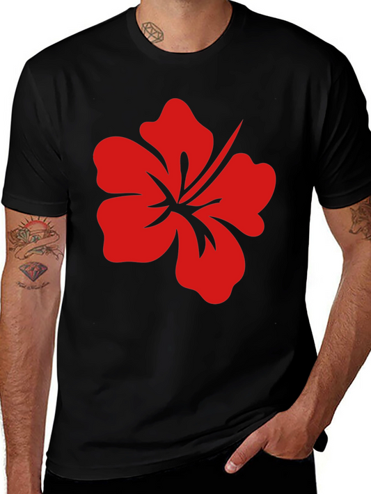 Black T-Shirt with Red Hibiscus Flower