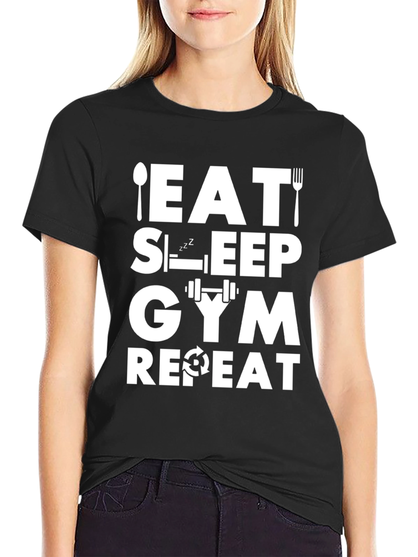 Eat Sleep Gym Repeat Black Graphic Tee