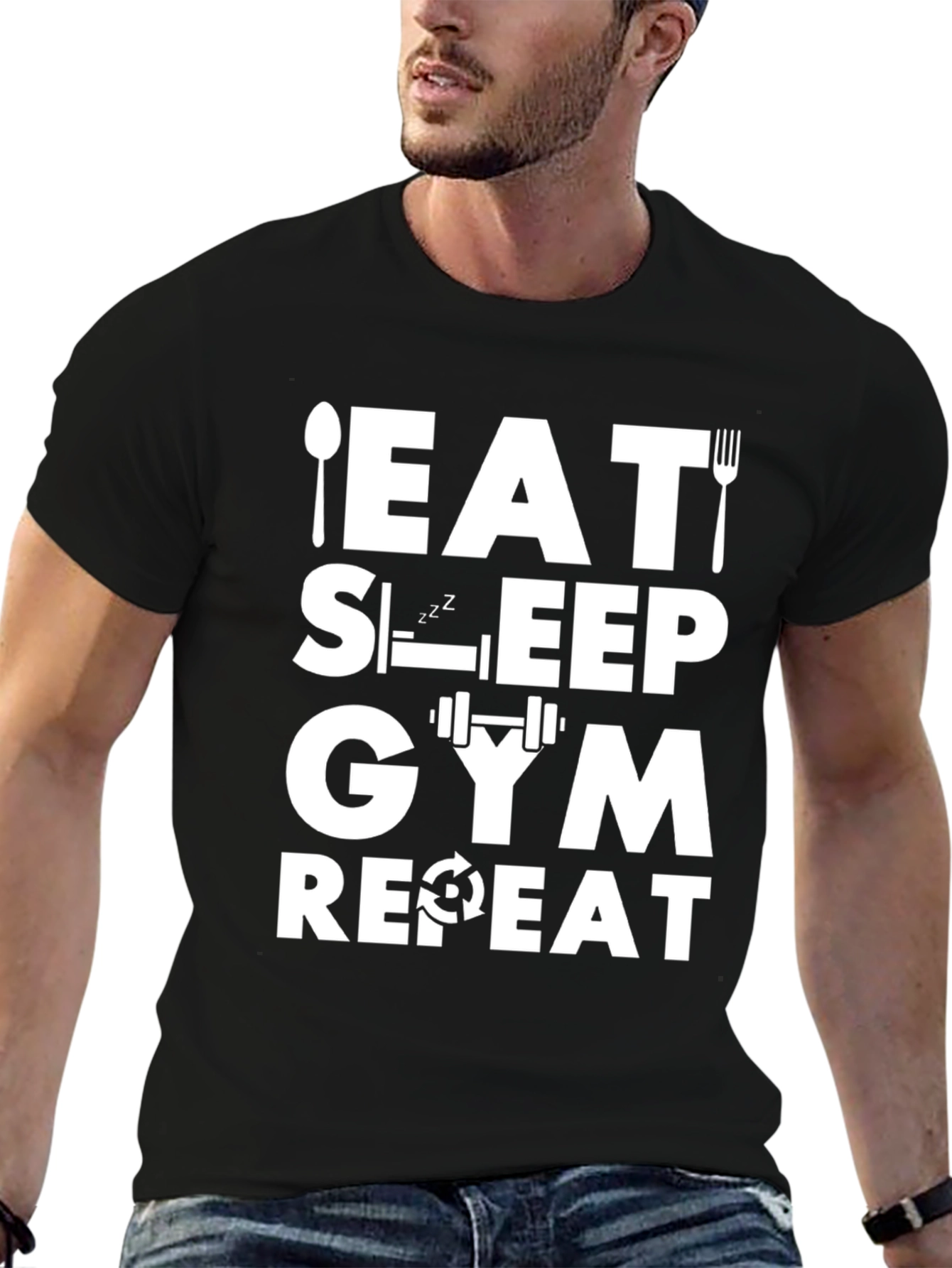 Eat Sleep Gym Repeat Black Graphic Tee