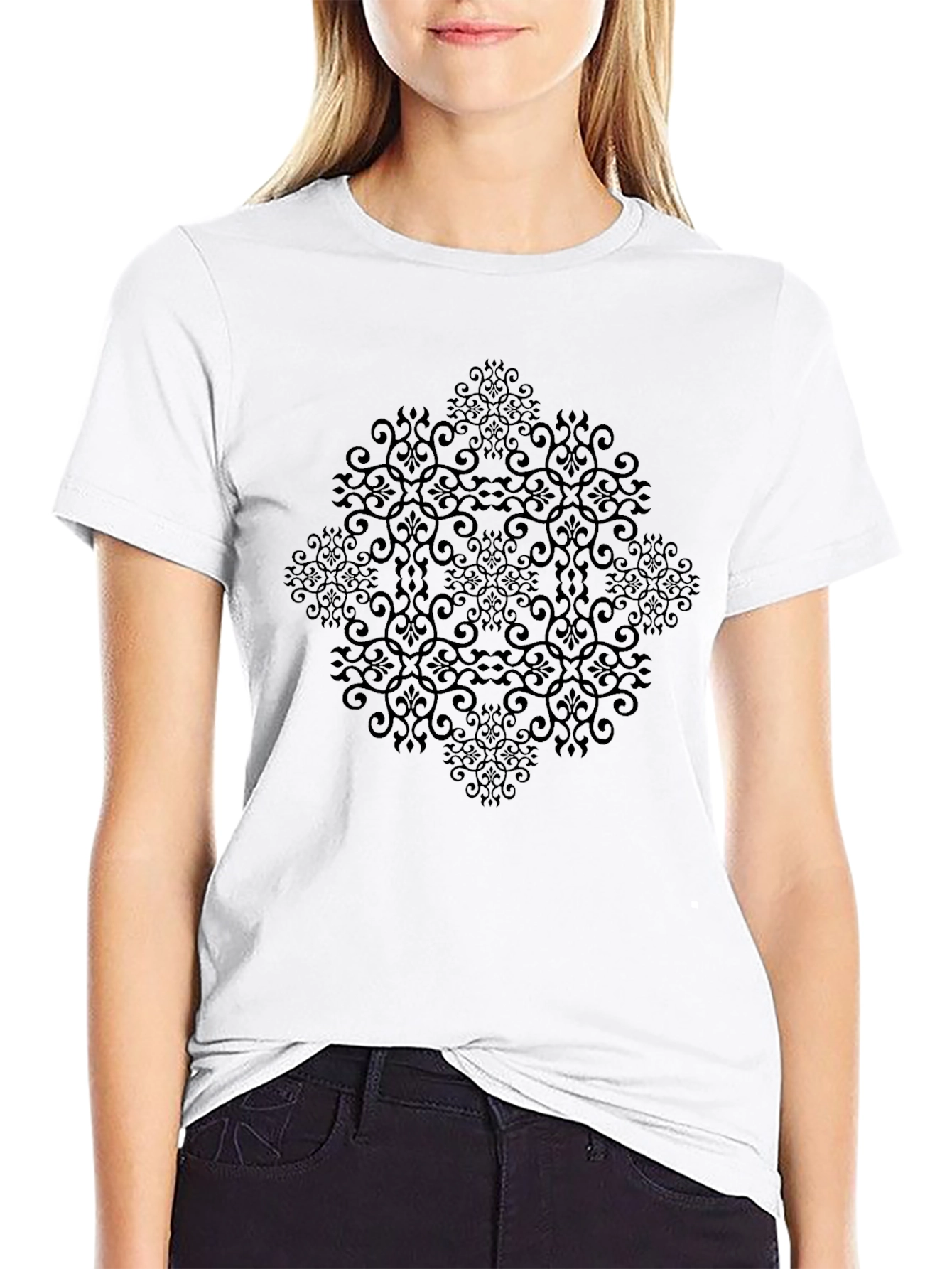 Elegant Black Patterned Crew Neck T-Shirt