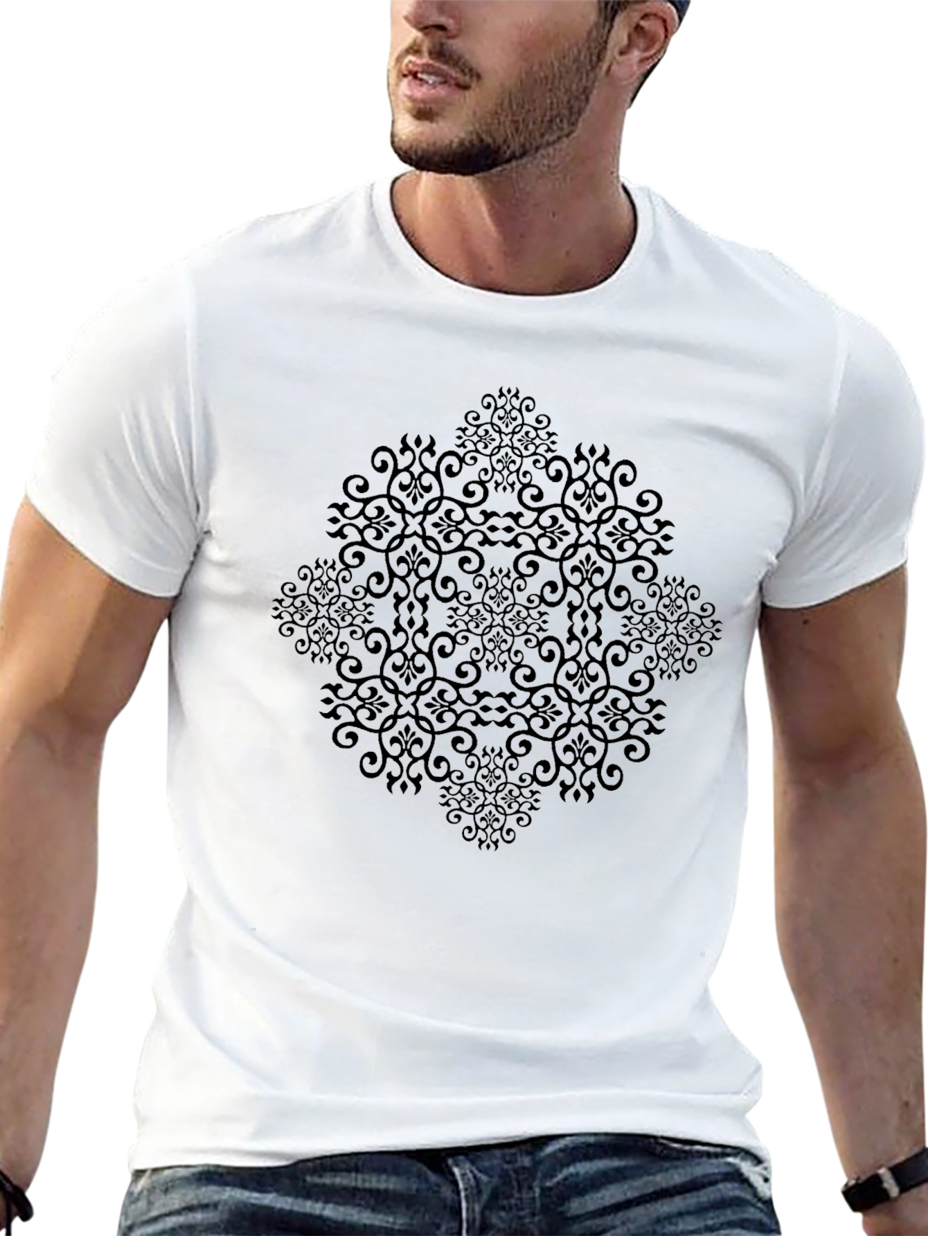 Elegant Black Patterned Crew Neck T-Shirt