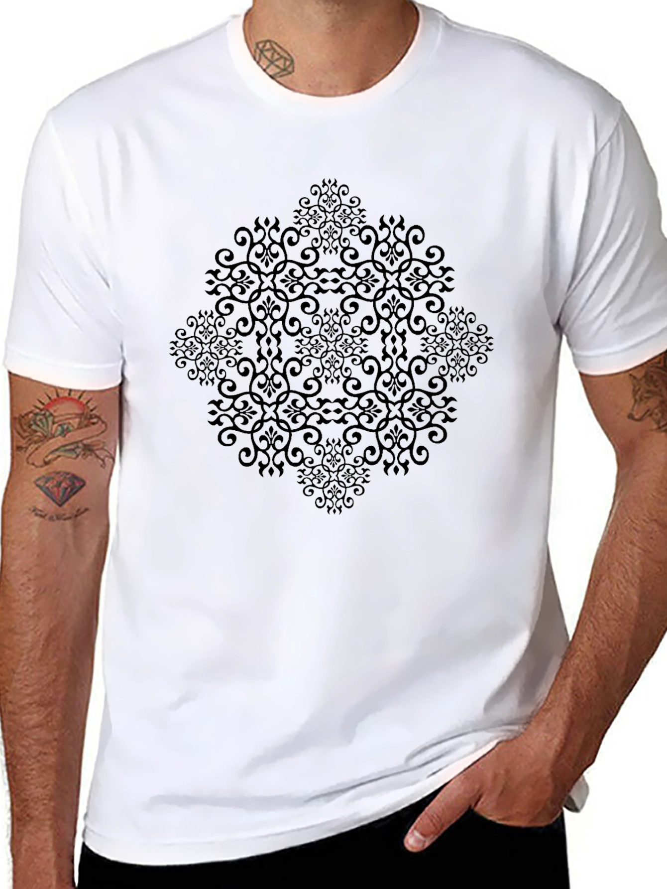 Elegant Black Patterned Crew Neck T-Shirt