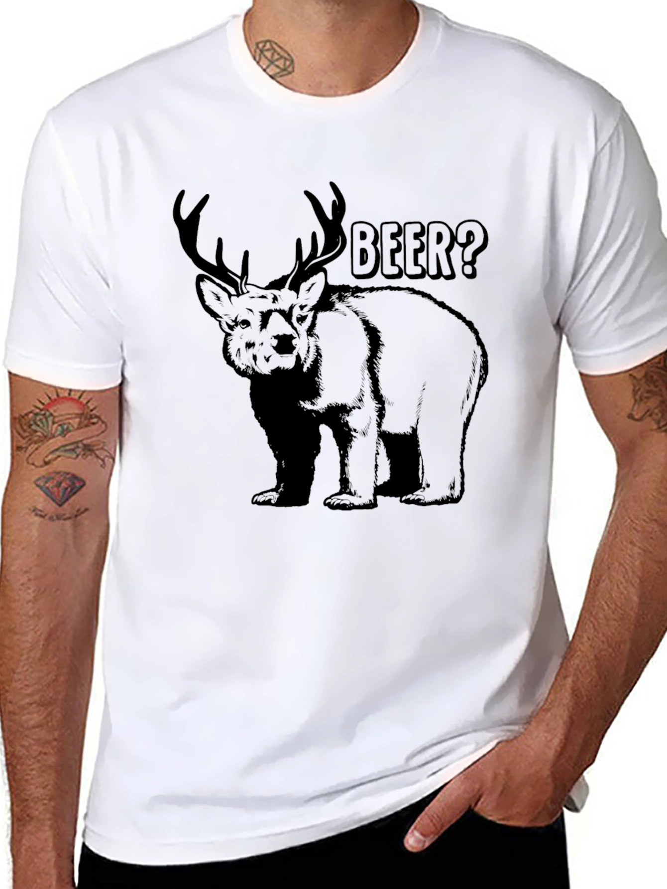 Mens Black Beer? Deer/Bear Graphic T-Shirt