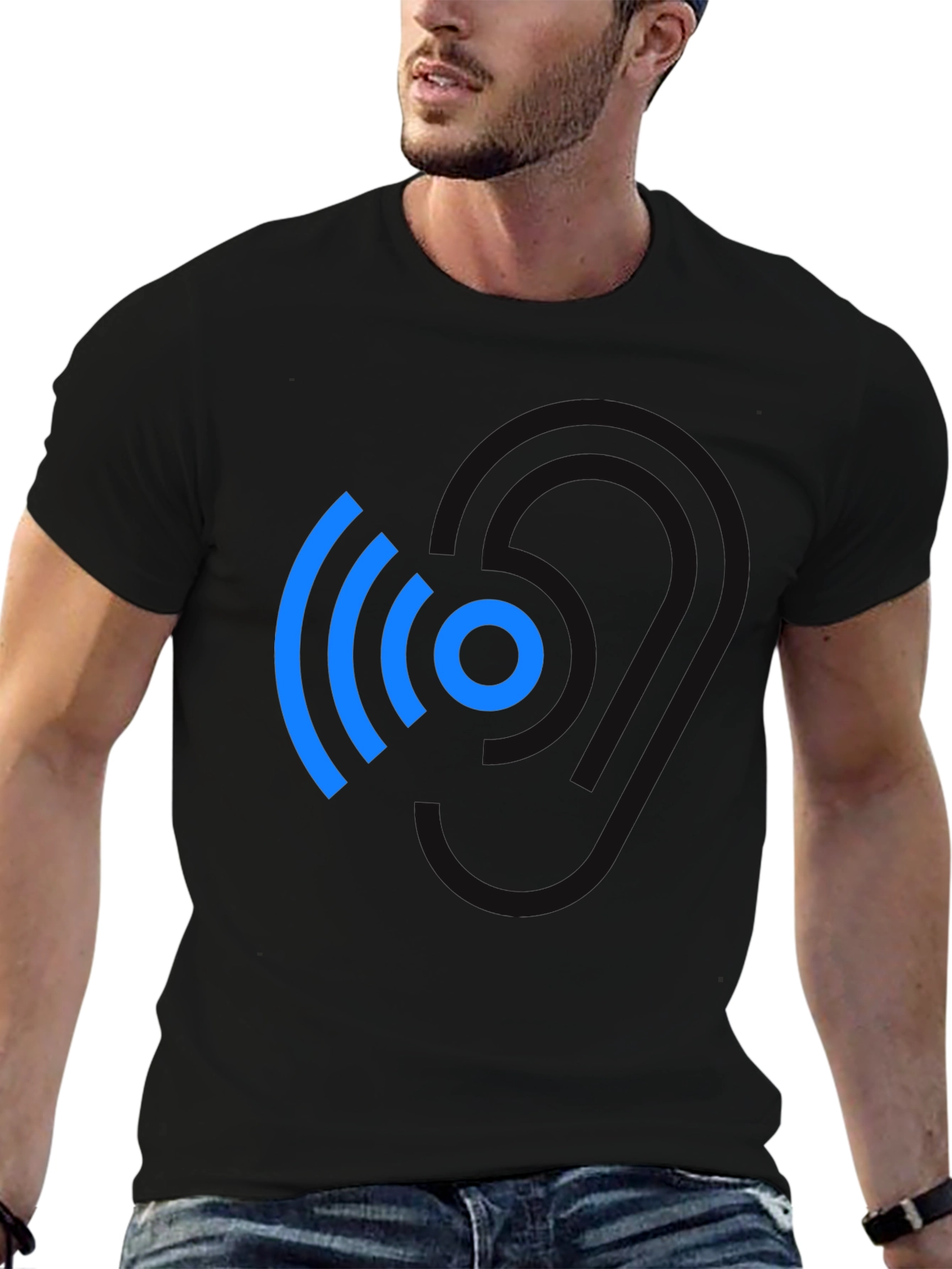 Modern Blue Wireless Signal Black T-Shirt