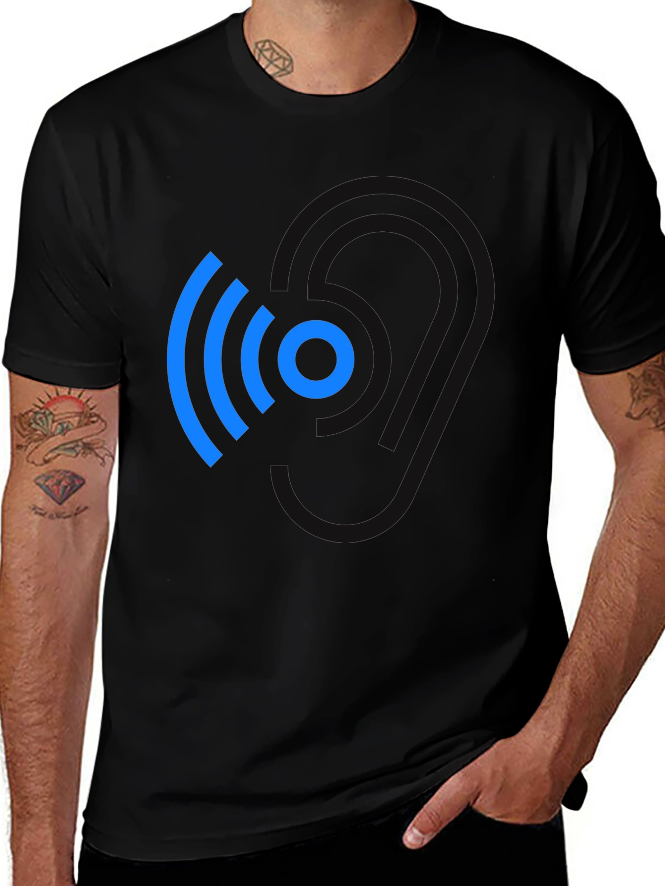 Modern Blue Wireless Signal Black T-Shirt